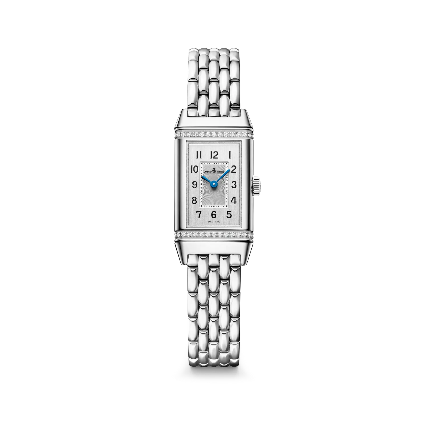 Montre REVERSO CLASSIC "Origin" sertie diamants, Bracelet acier "grain de riz", Cadran argenté guilloché et brossé vertical