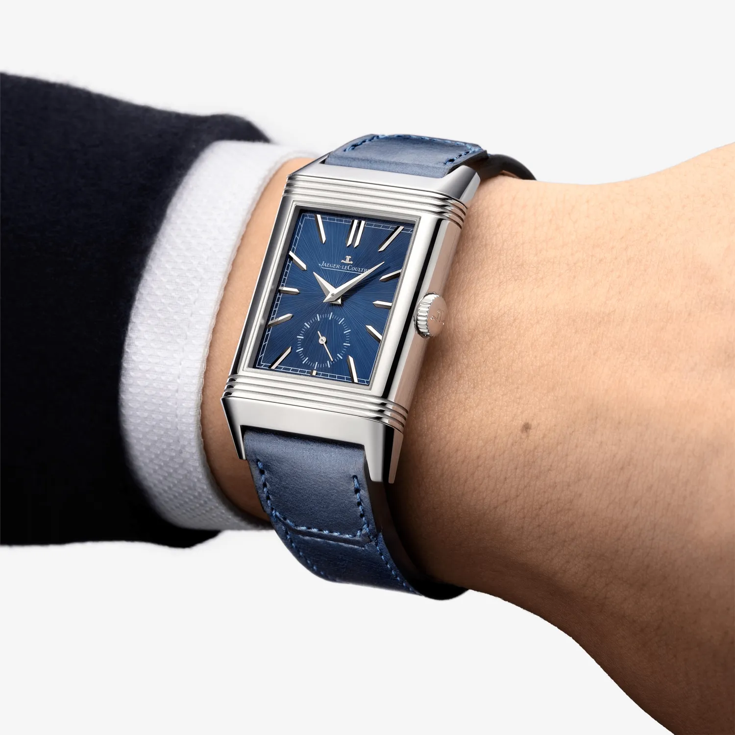 Montre REVERSO TRIBUTE Duoface Bracelet veau bleu Fagliano, Boucle déployante, Cadrans bleu soleillé et argent guilloché Clous de Paris et velouté