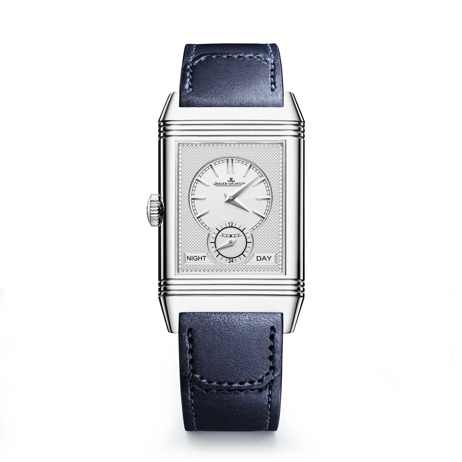 Montre REVERSO TRIBUTE Duoface Bracelet veau bleu Fagliano, Boucle déployante, Cadrans bleu soleillé et argent guilloché Clous de Paris et velouté