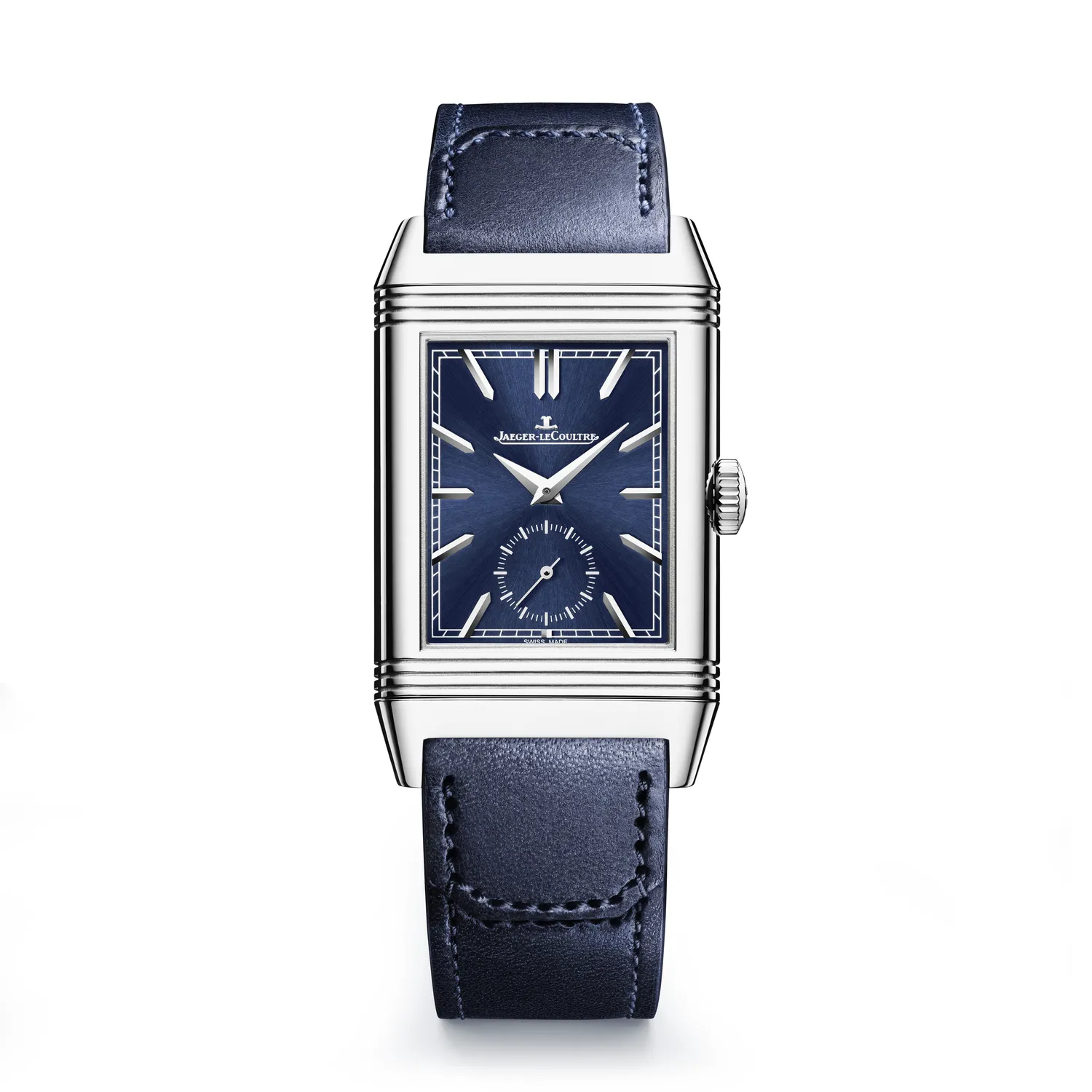 Montre REVERSO TRIBUTE Duoface Bracelet veau bleu Fagliano, Boucle déployante, Cadrans bleu soleillé et argent guilloché Clous de Paris et velouté