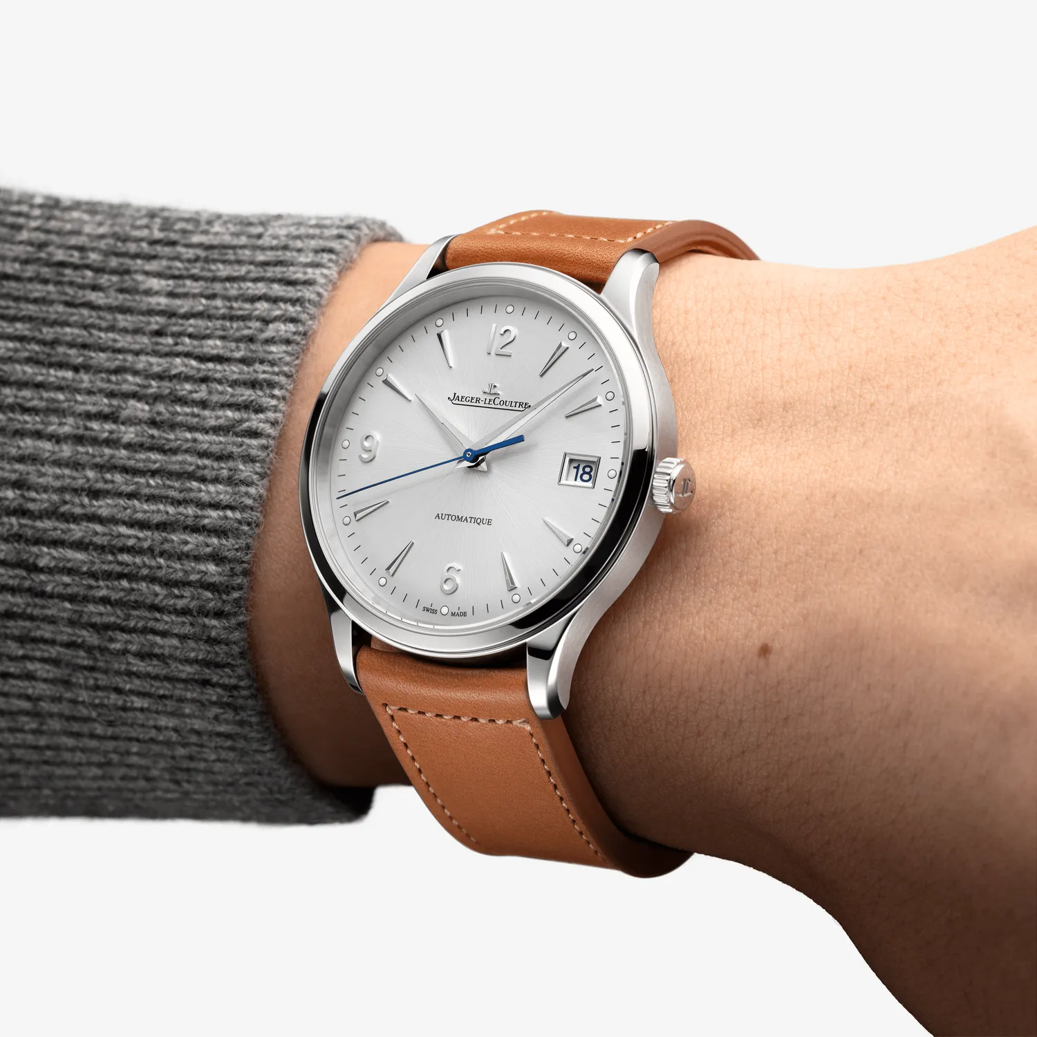 Montre MASTER CONTROL Date Bracelet cuir veau marron, Boucle déployante, Cadran argenté soleillé