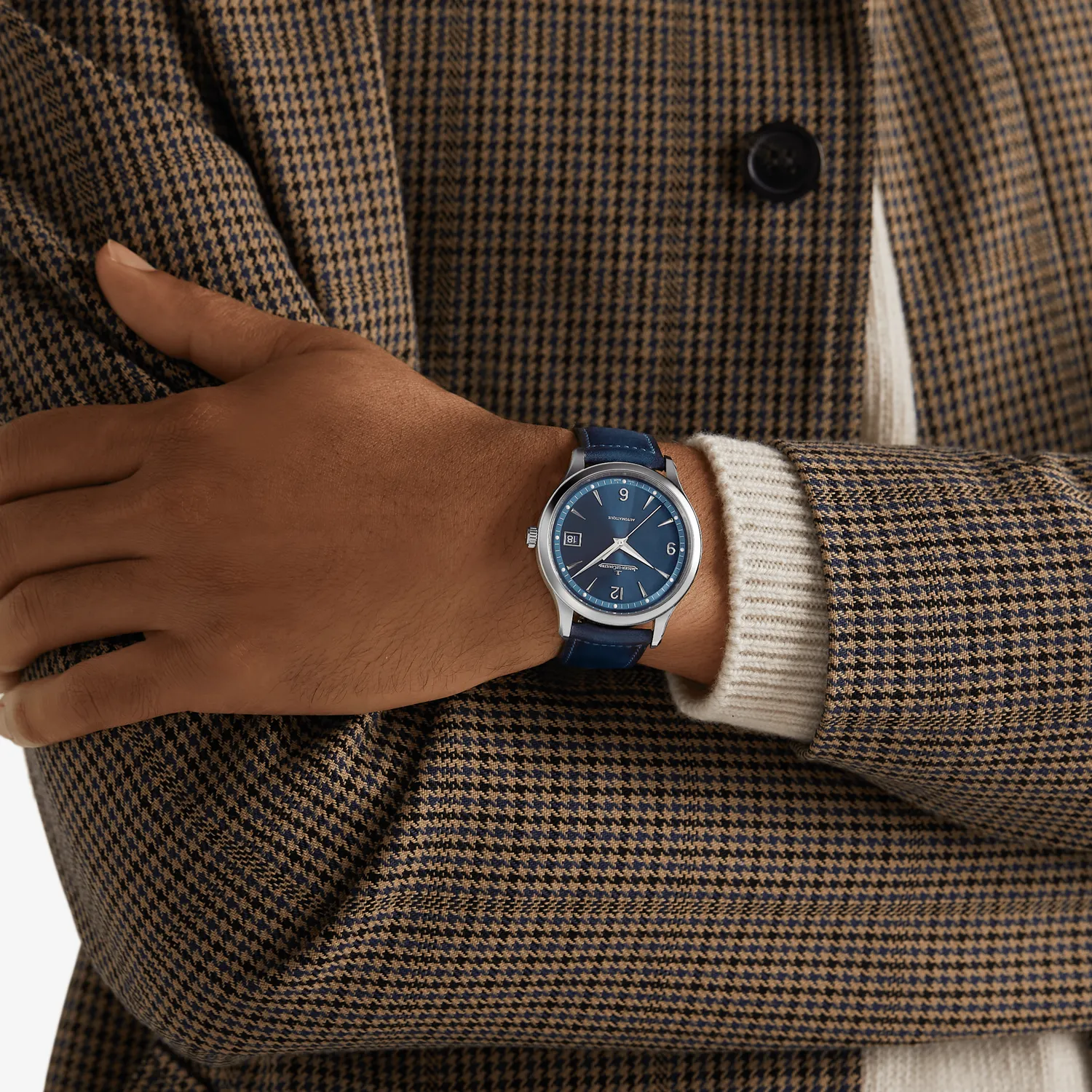 Montre MASTER CONTROL Date Bracelet cuir veau bleu, Boucle déployante, Cadran bleu soleillé brossé