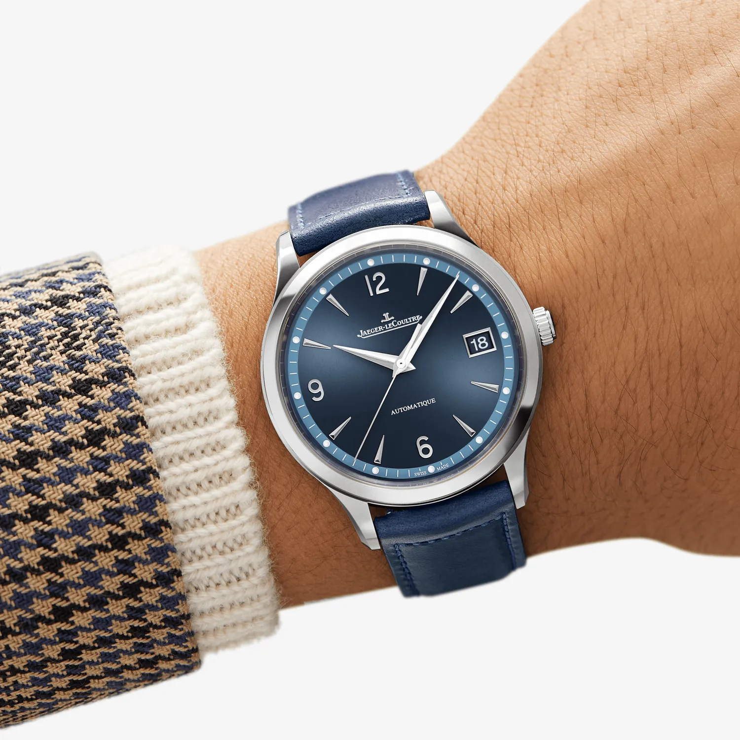 Montre MASTER CONTROL Date Bracelet cuir veau bleu, Boucle déployante, Cadran bleu soleillé brossé