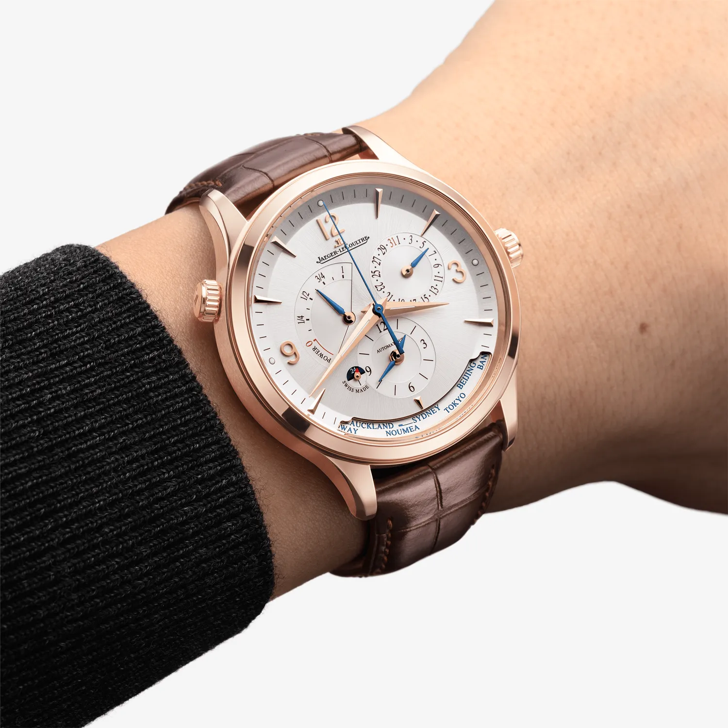 Montre MASTER CONTROL Geographic Bracelet alligator noir, Boucle ardillon or rose, Cadran argenté solleilé