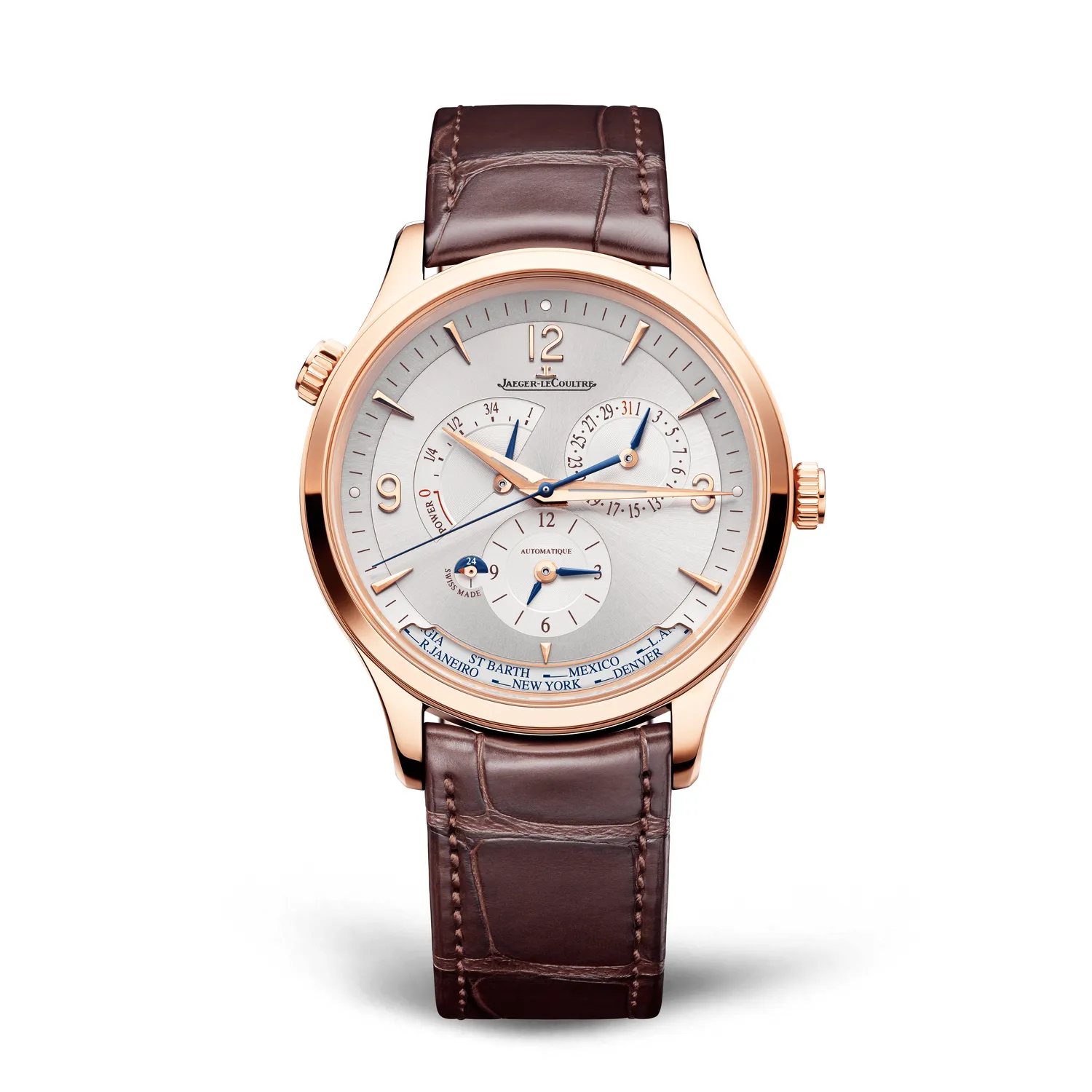 Montre MASTER CONTROL Geographic Bracelet alligator noir, Boucle ardillon or rose, Cadran argenté solleilé