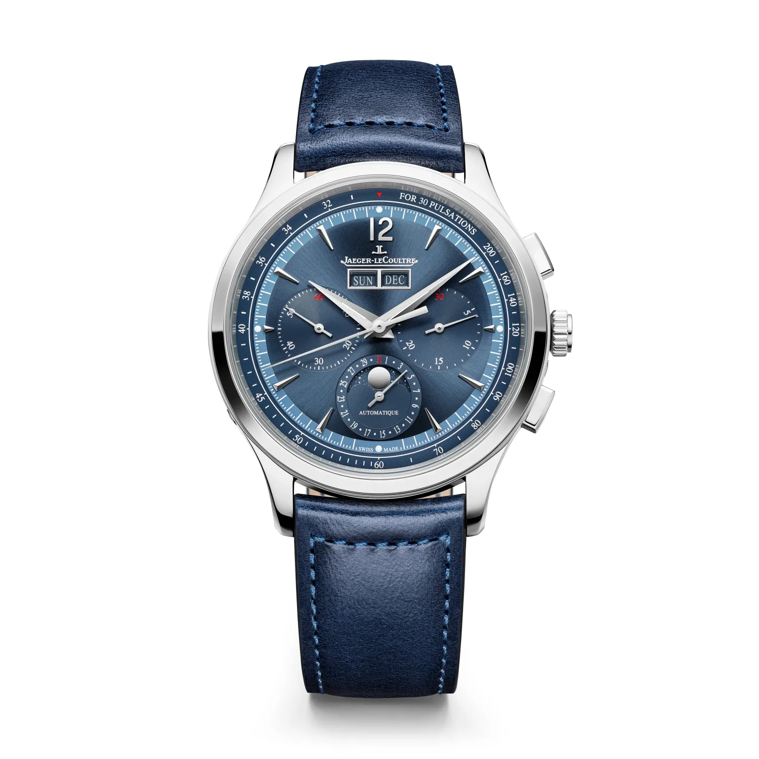 Montre MASTER CONTROL Chronograph Calendar, Bracelet veau bleu, Boucle déployante, Cadran bleu soleillé chiffres et index rhodiés polis