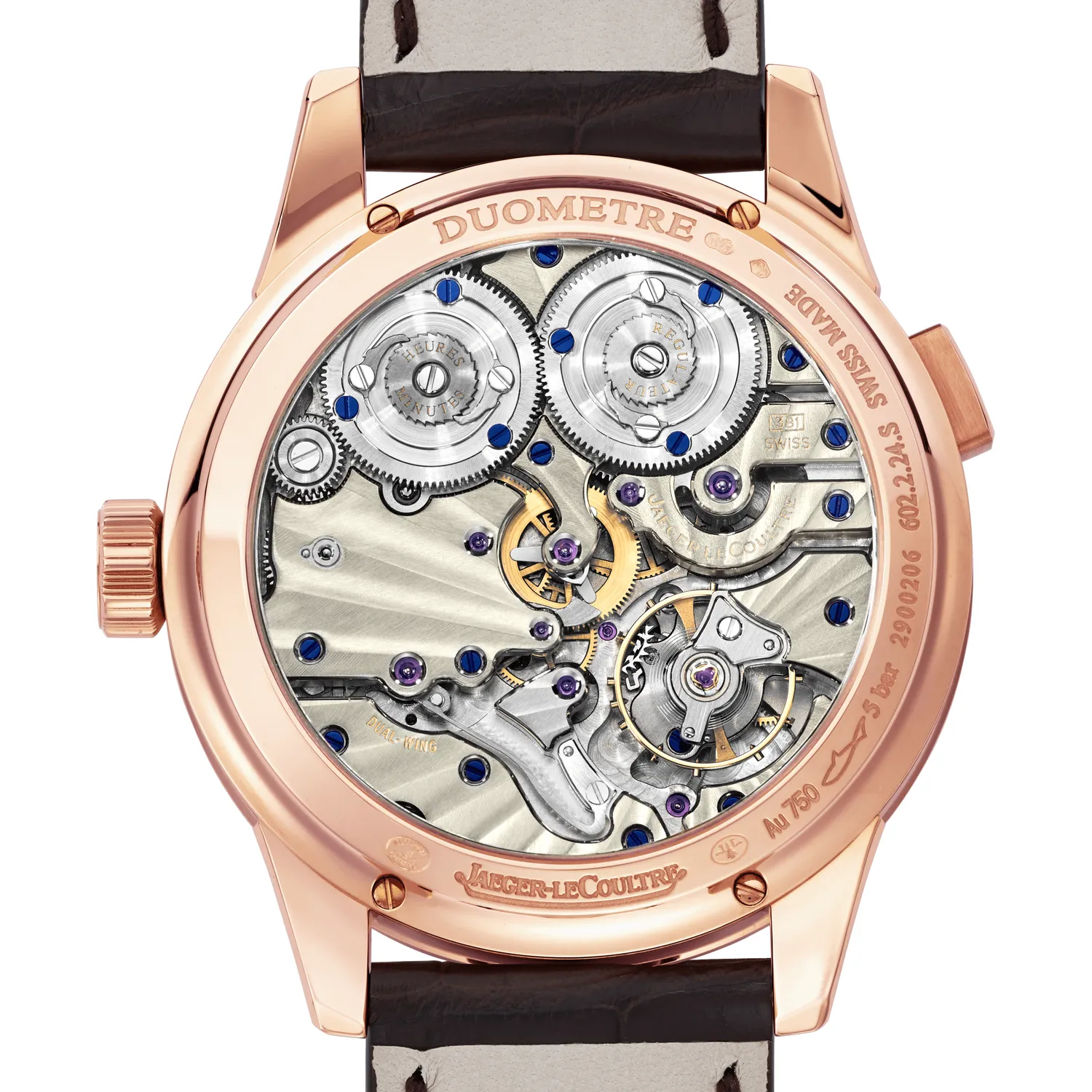 Montre DUOMETRE A QUANTIEME LUNAIRE Bracelet alligator marron foncé, Boucle déployante or rose, Cadran argenté grainé