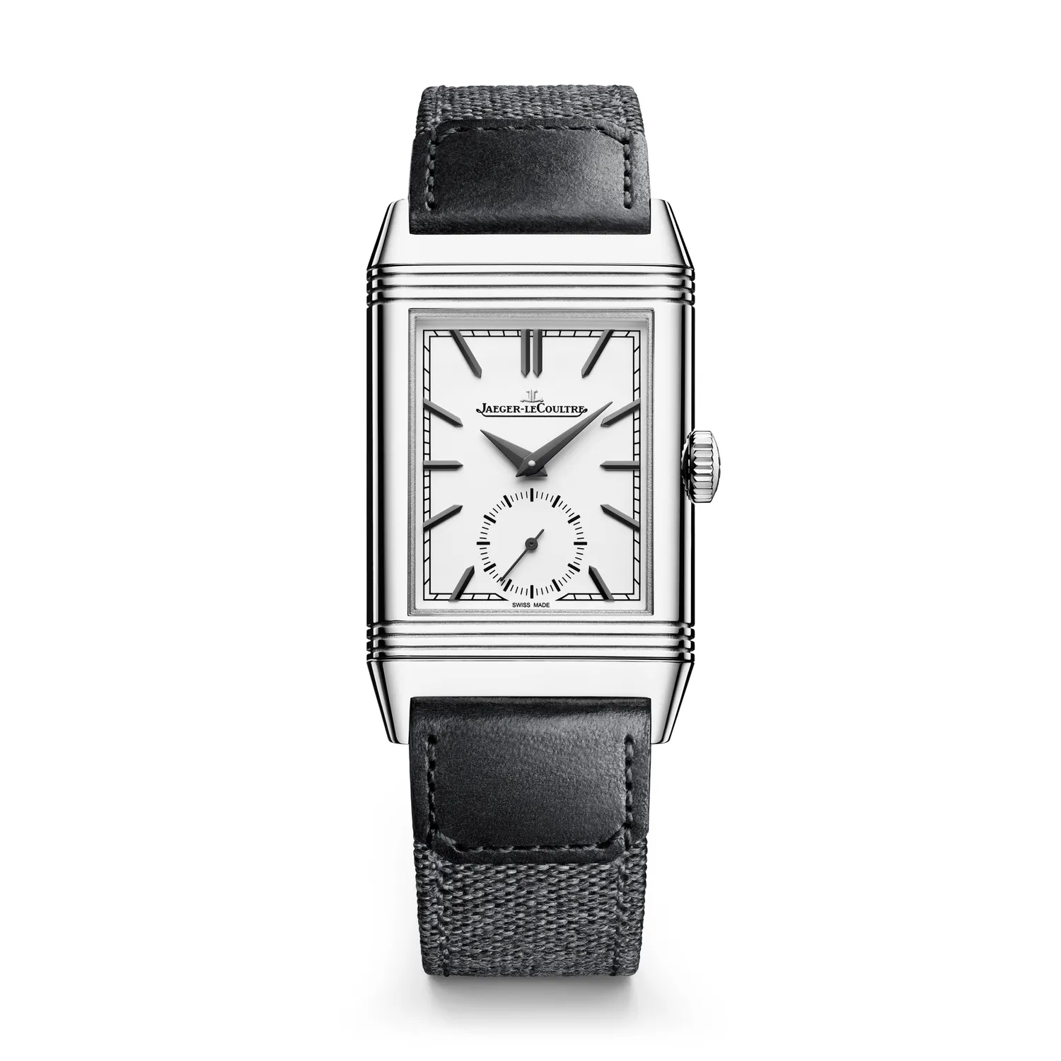 Montre REVERSO TRIBUTE Small Seconds, Bracelet veau noir Fagliano, Boucle déployante, Cadran opalin index et aiguilles noirs