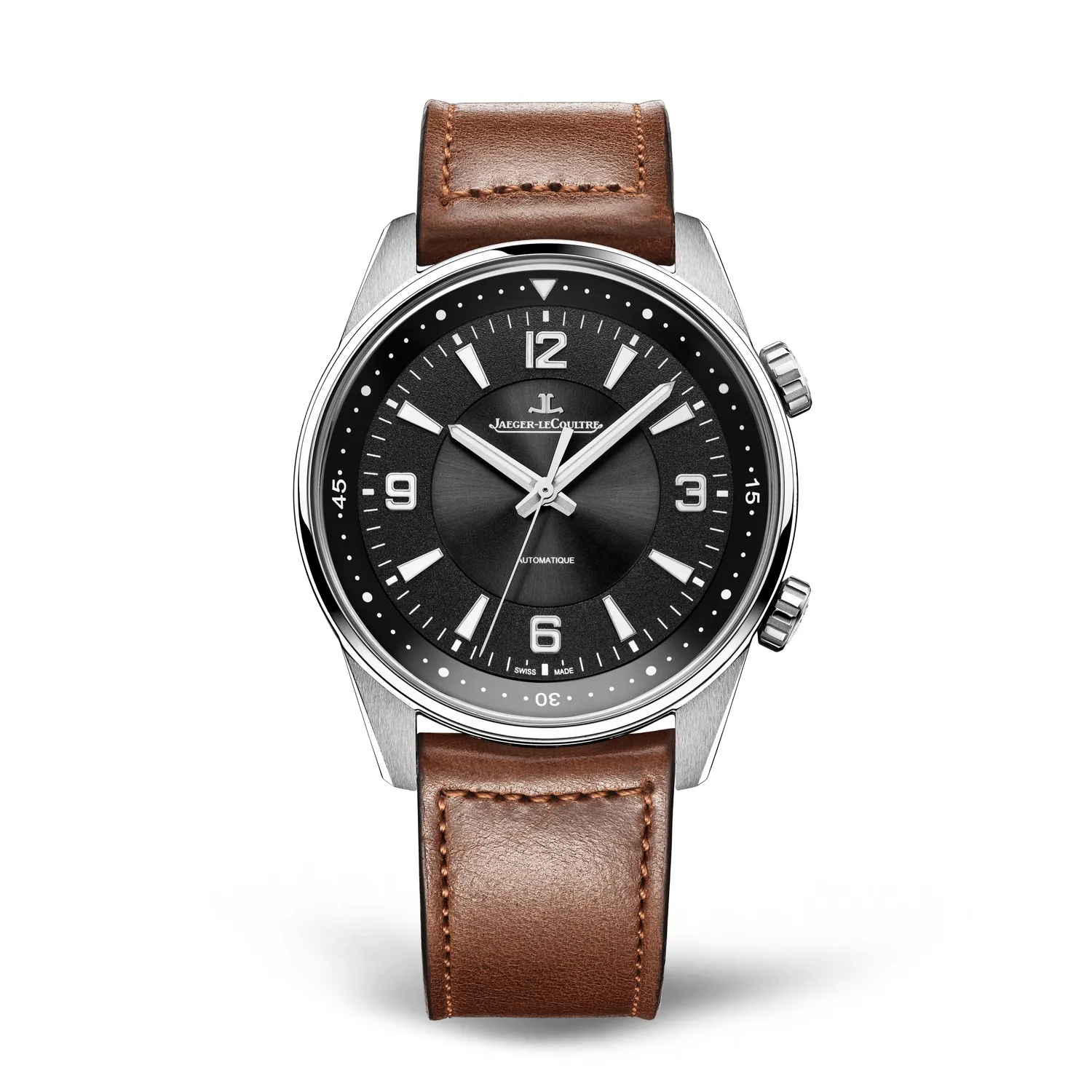 Montre POLARIS Automatic Bracelet veau marron, Boucle déployante, Cadran noir chiffres blancs