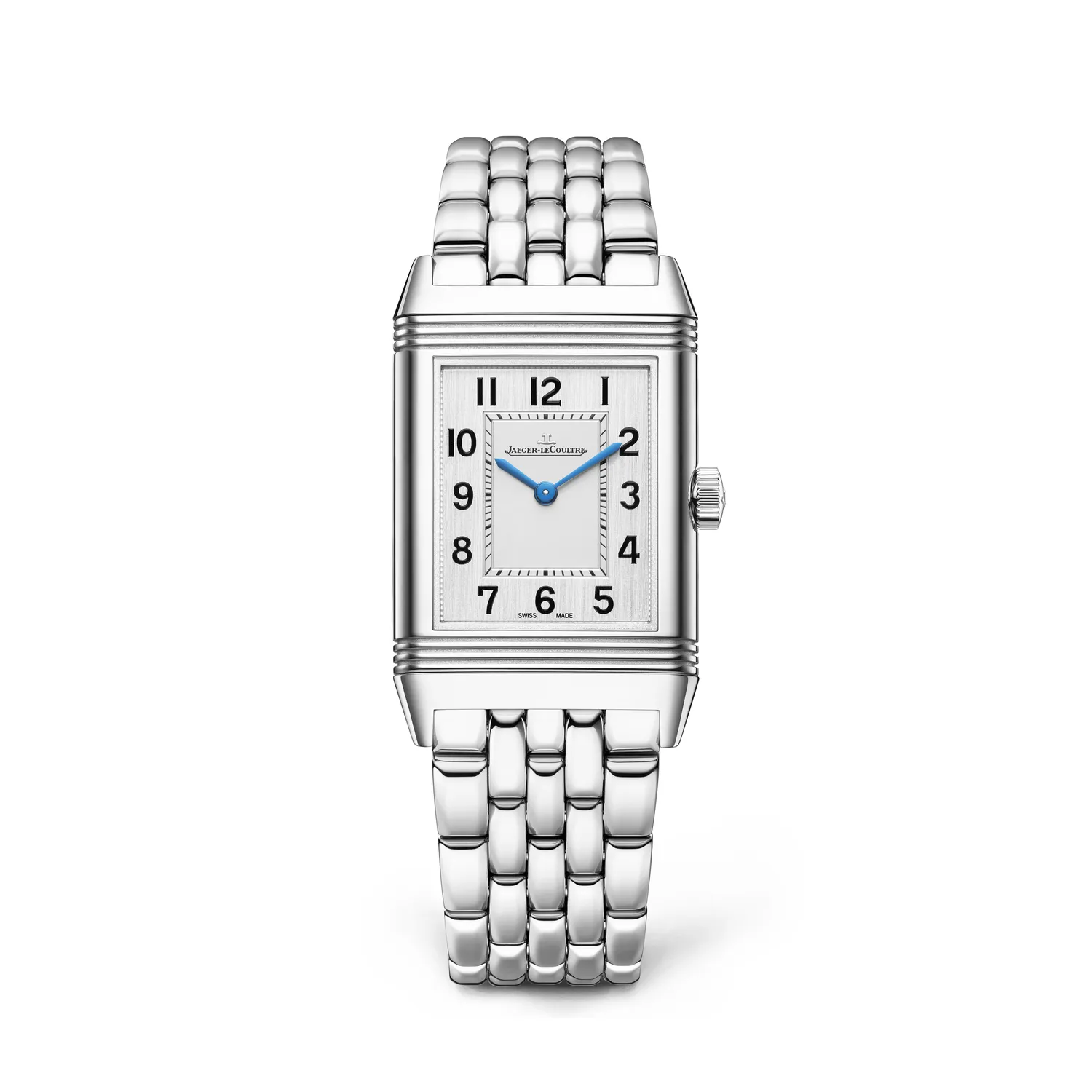 Montre REVERSO CLASSIC Medium Thin Bracelet acier, Cadran argenté chiffres décalqués noirs