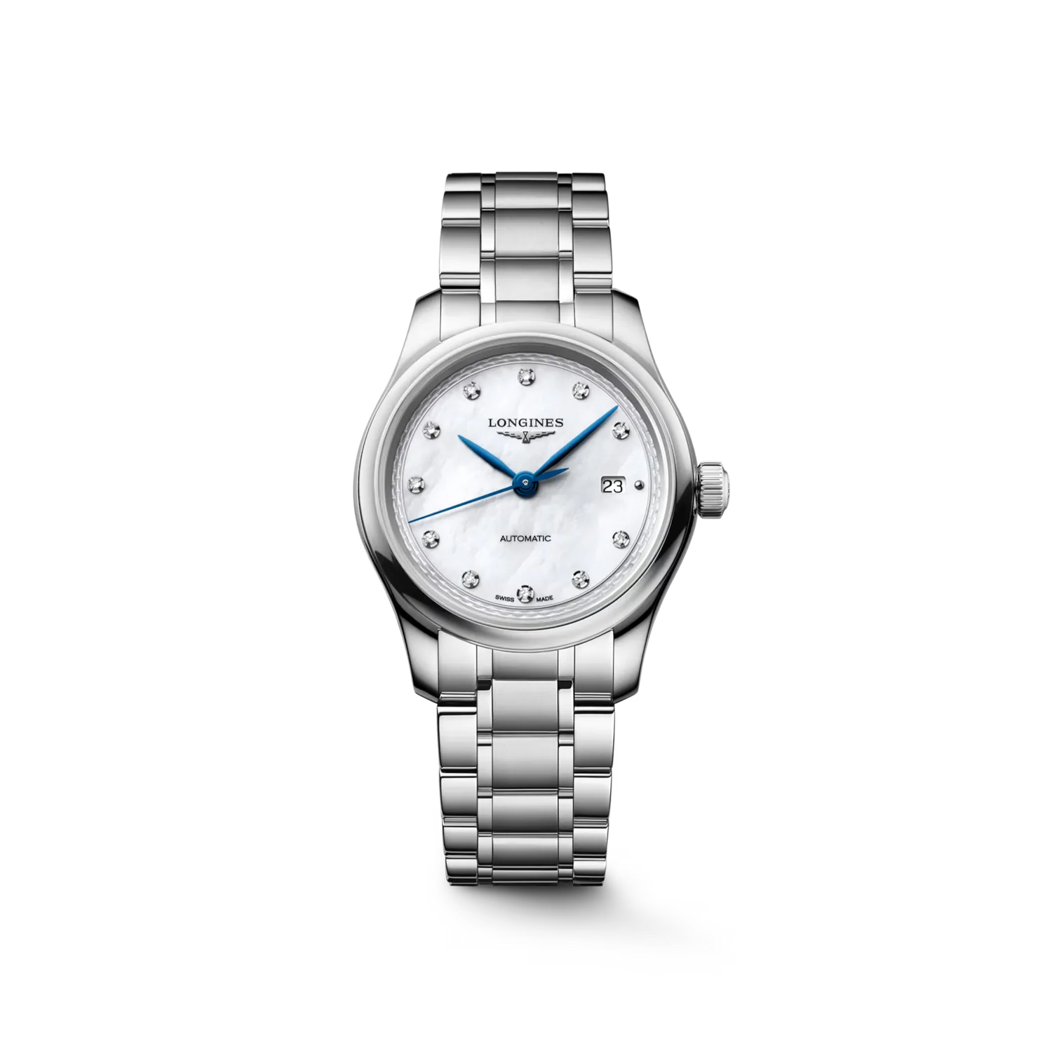 Montre LONGINES MASTER COLLECTION, Bracelet acier, Cadran nacre blanche index diamants
