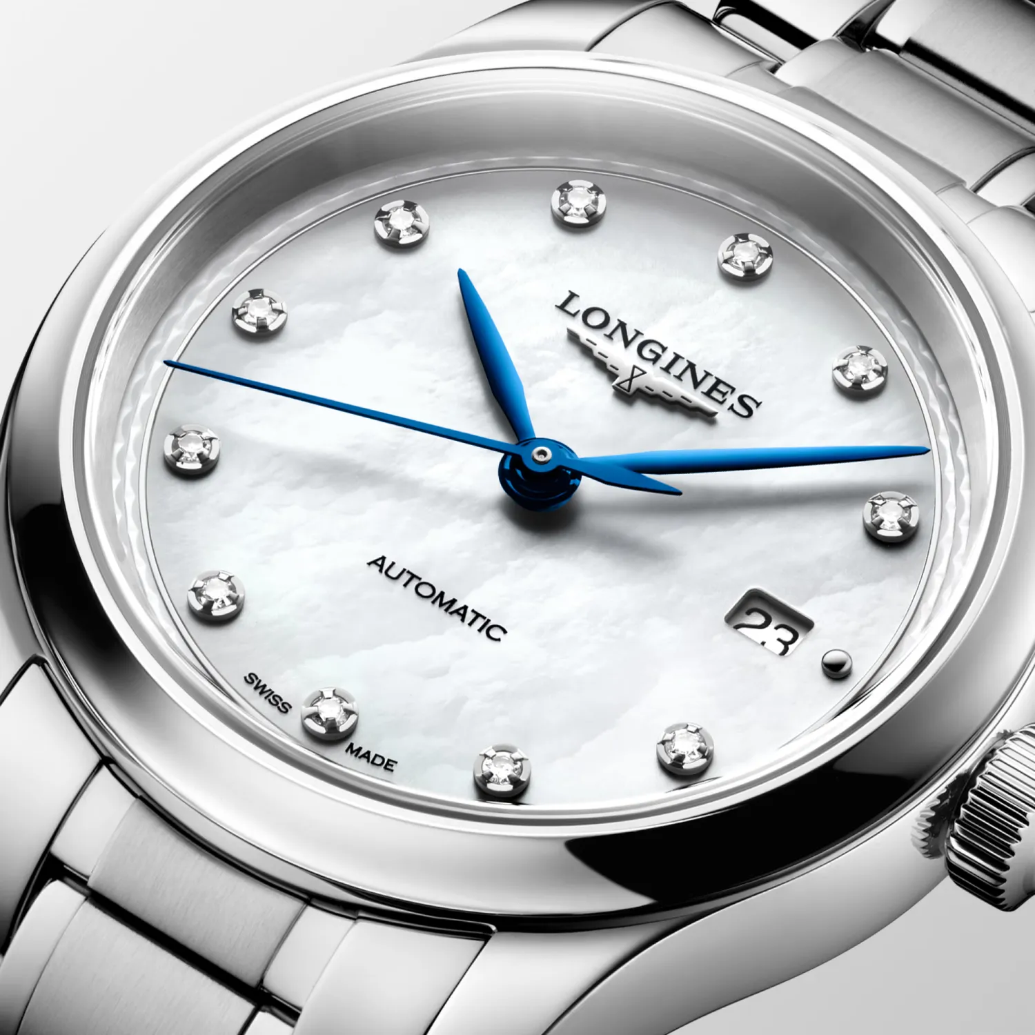 Montre LONGINES MASTER COLLECTION, Bracelet acier, Cadran nacre blanche index diamants