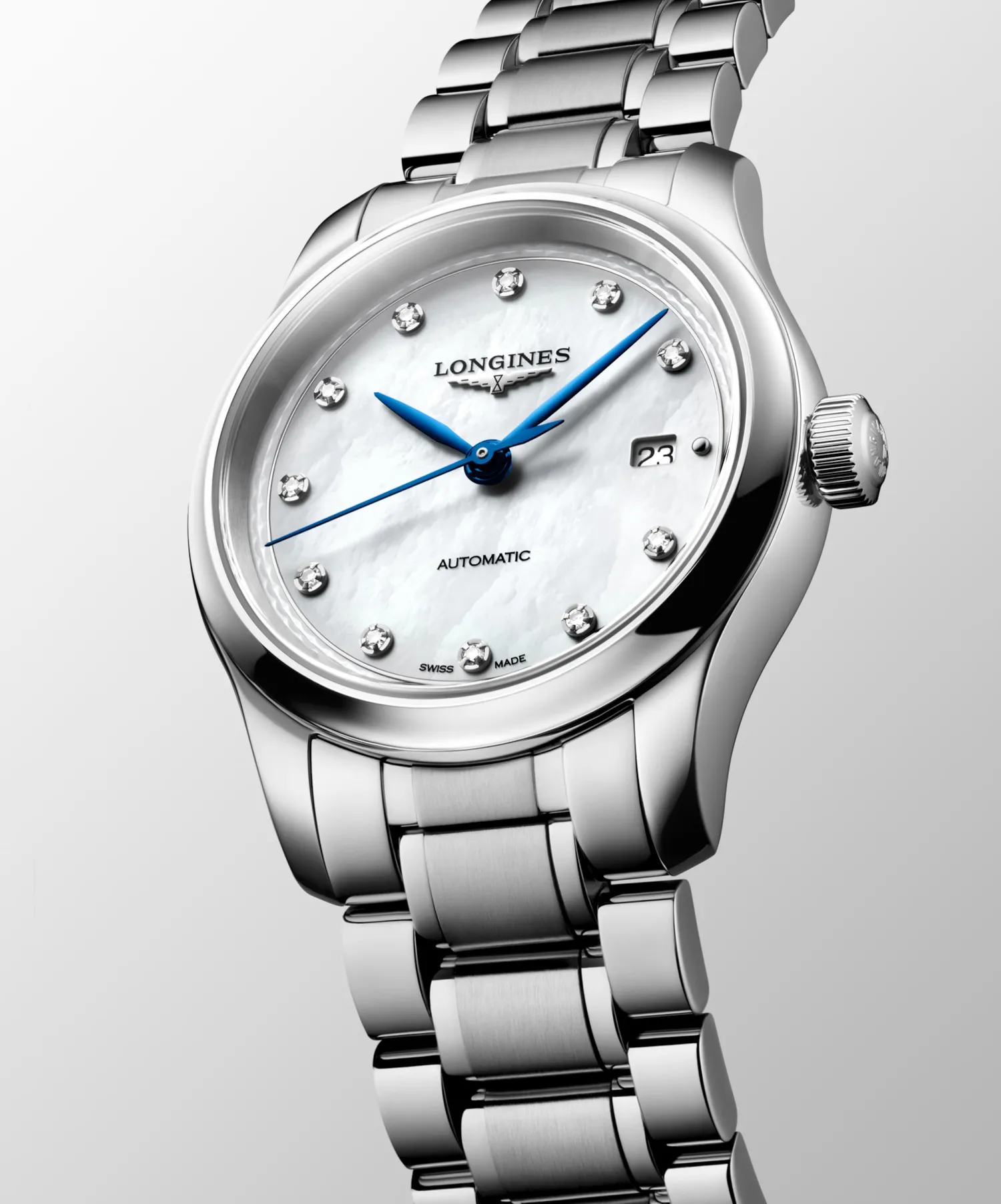 Montre LONGINES MASTER COLLECTION, Bracelet acier, Cadran nacre blanche index diamants