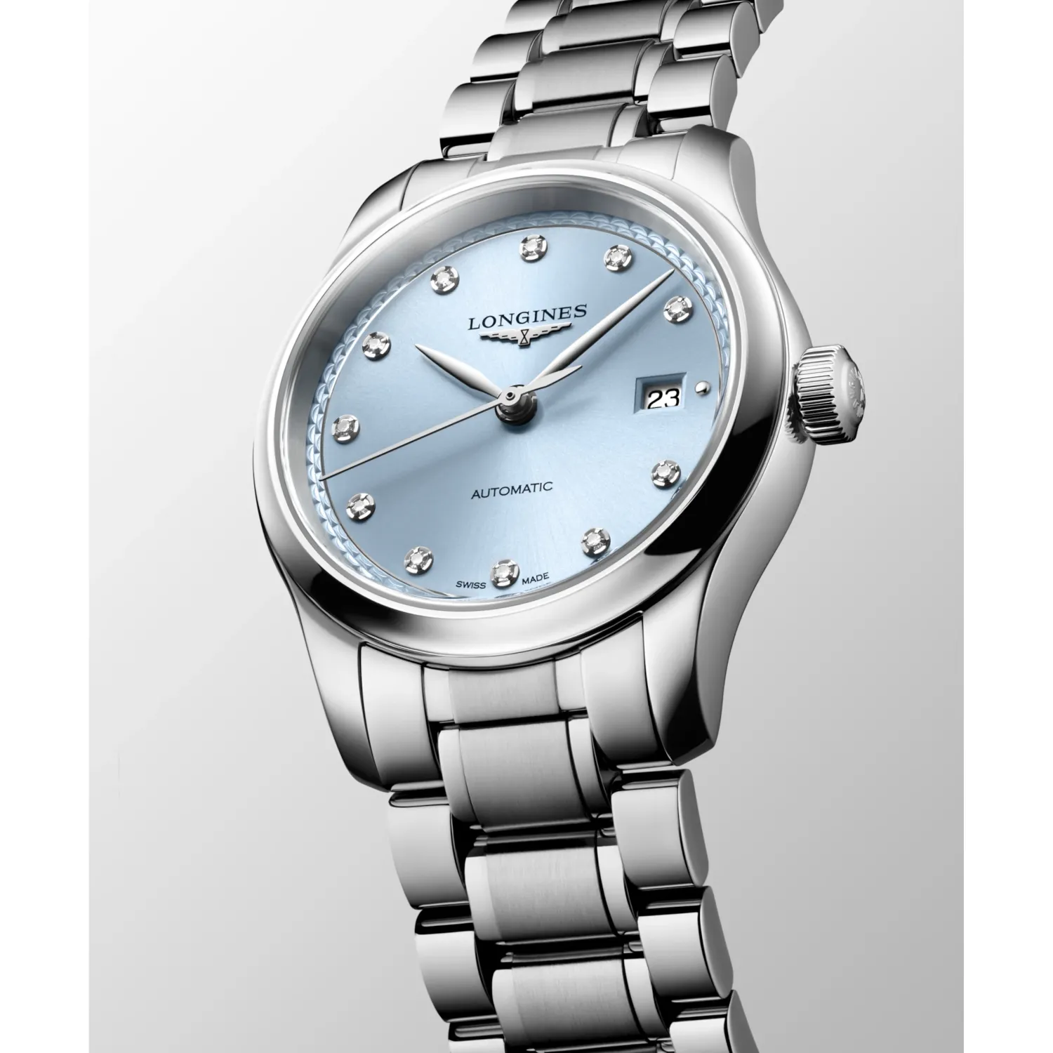 Montre LONGINES MASTER COLLECTION, Bracelet acier, Cadran bleu givré index diamants
