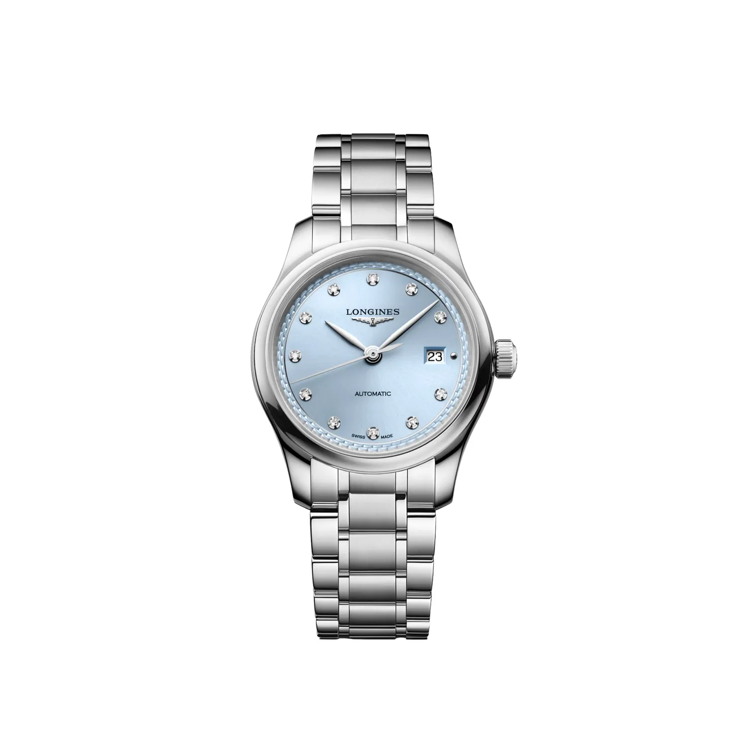 Montre LONGINES MASTER COLLECTION, Bracelet acier, Cadran bleu givré index diamants