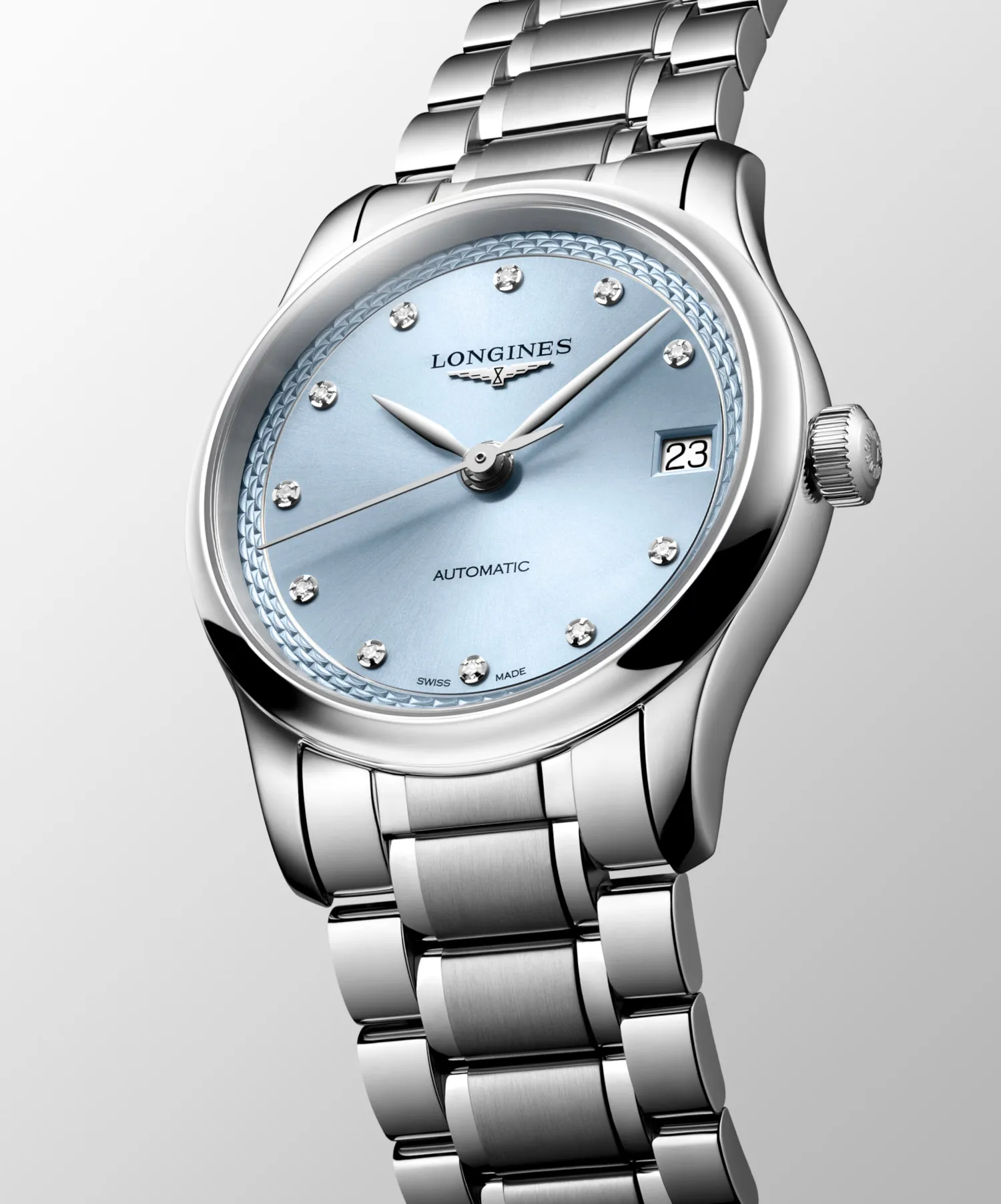 Montre LONGINES MASTER COLLECTION, Bracelet acier, Cadran bleu givré index diamants