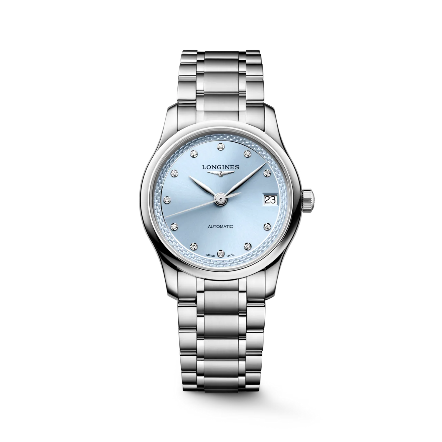 Montre LONGINES MASTER COLLECTION, Bracelet acier, Cadran bleu givré index diamants