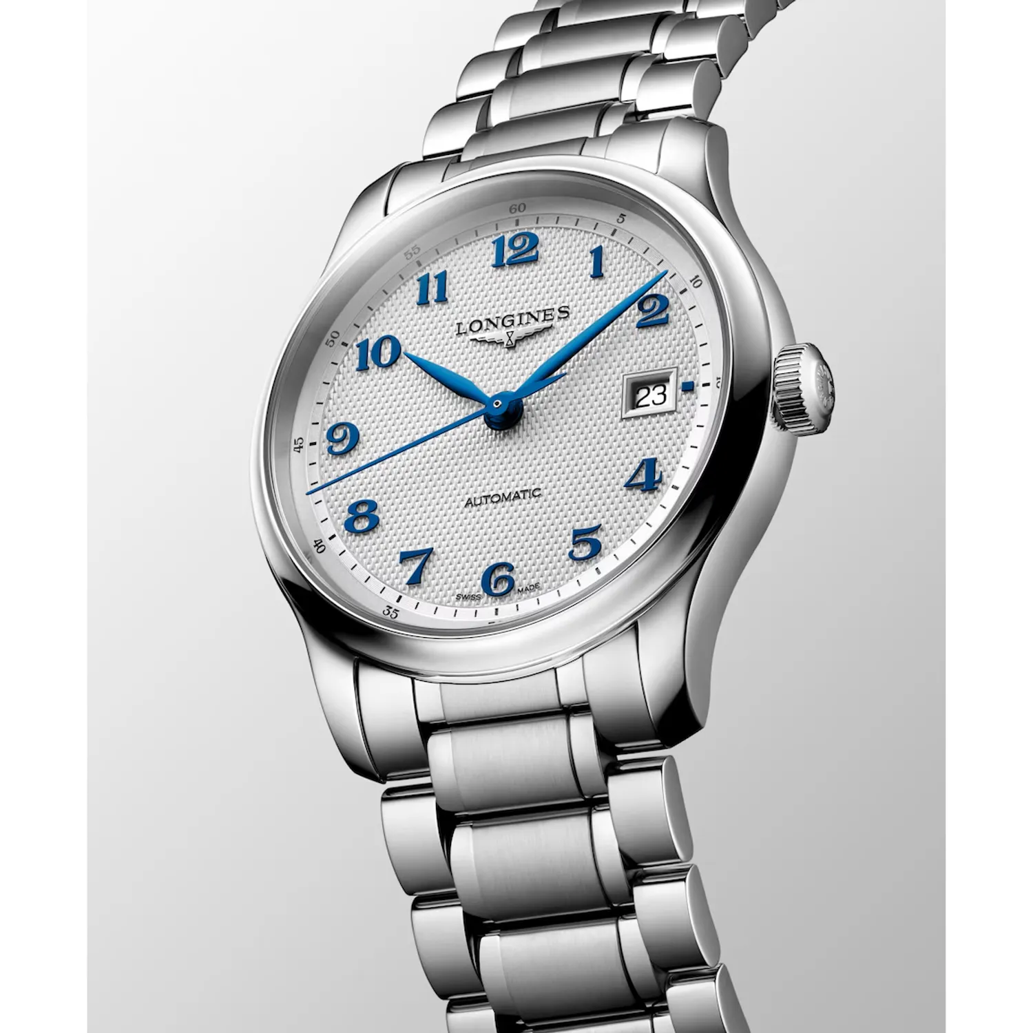 Montre LONGINES MASTER COLLECTION, Bracelet acier, Cadran argenté "grain d'orge" chiffres arabes appliqués