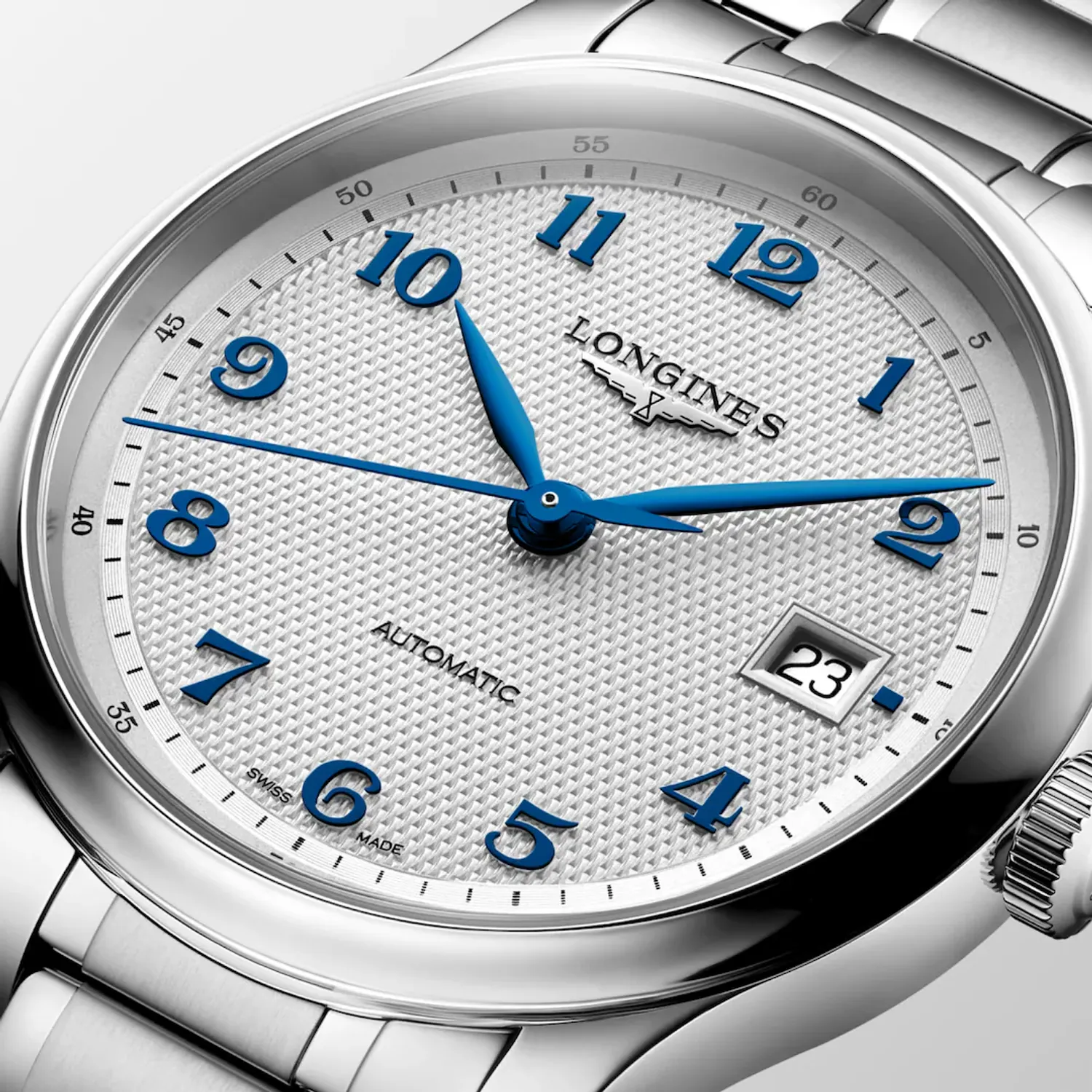 Montre LONGINES MASTER COLLECTION, Bracelet acier, Cadran argenté "grain d'orge" chiffres arabes appliqués