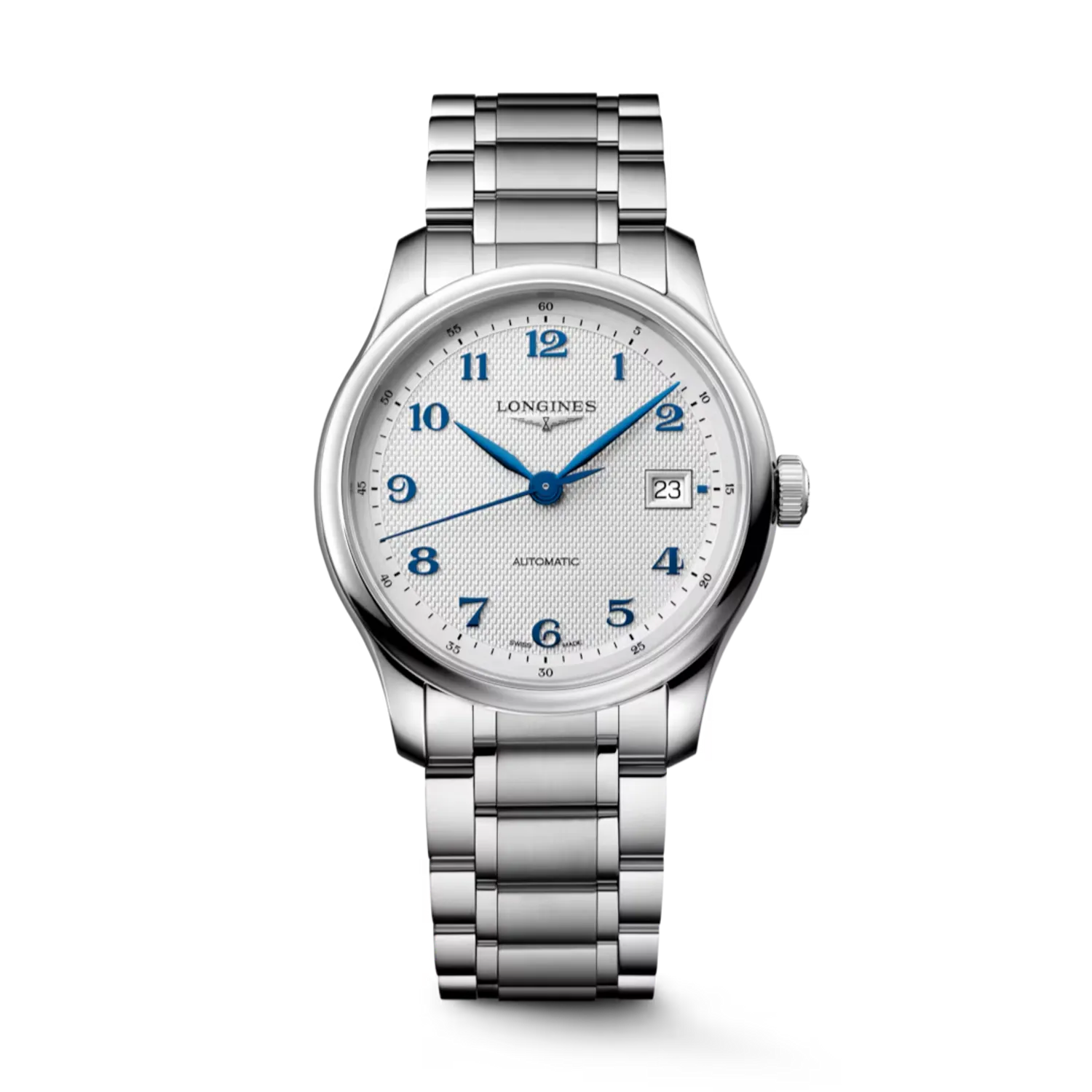 Montre LONGINES MASTER COLLECTION, Bracelet acier, Cadran argenté "grain d'orge" chiffres arabes appliqués