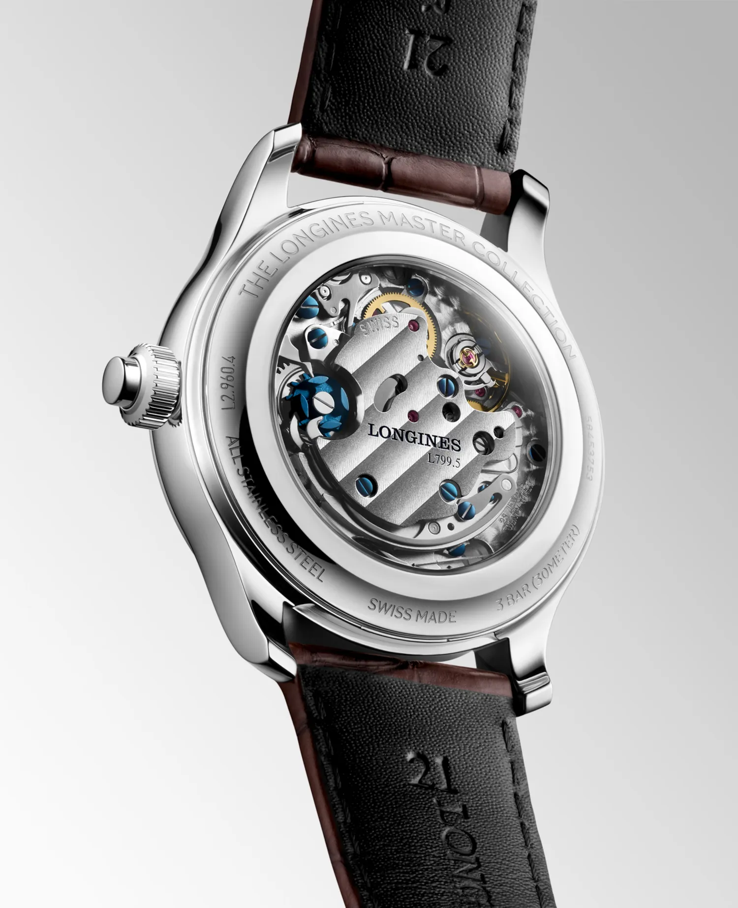Montre LONGINES MASTER COLLECTION Chrono Monopusher Mécanique, Bracelet alligator brun, Boucle déployante, Cadran ivoire grain d'orge