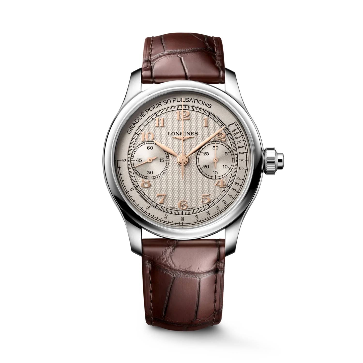 Montre LONGINES MASTER COLLECTION Chrono Monopusher Mécanique, Bracelet alligator brun, Boucle déployante, Cadran ivoire grain d'orge
