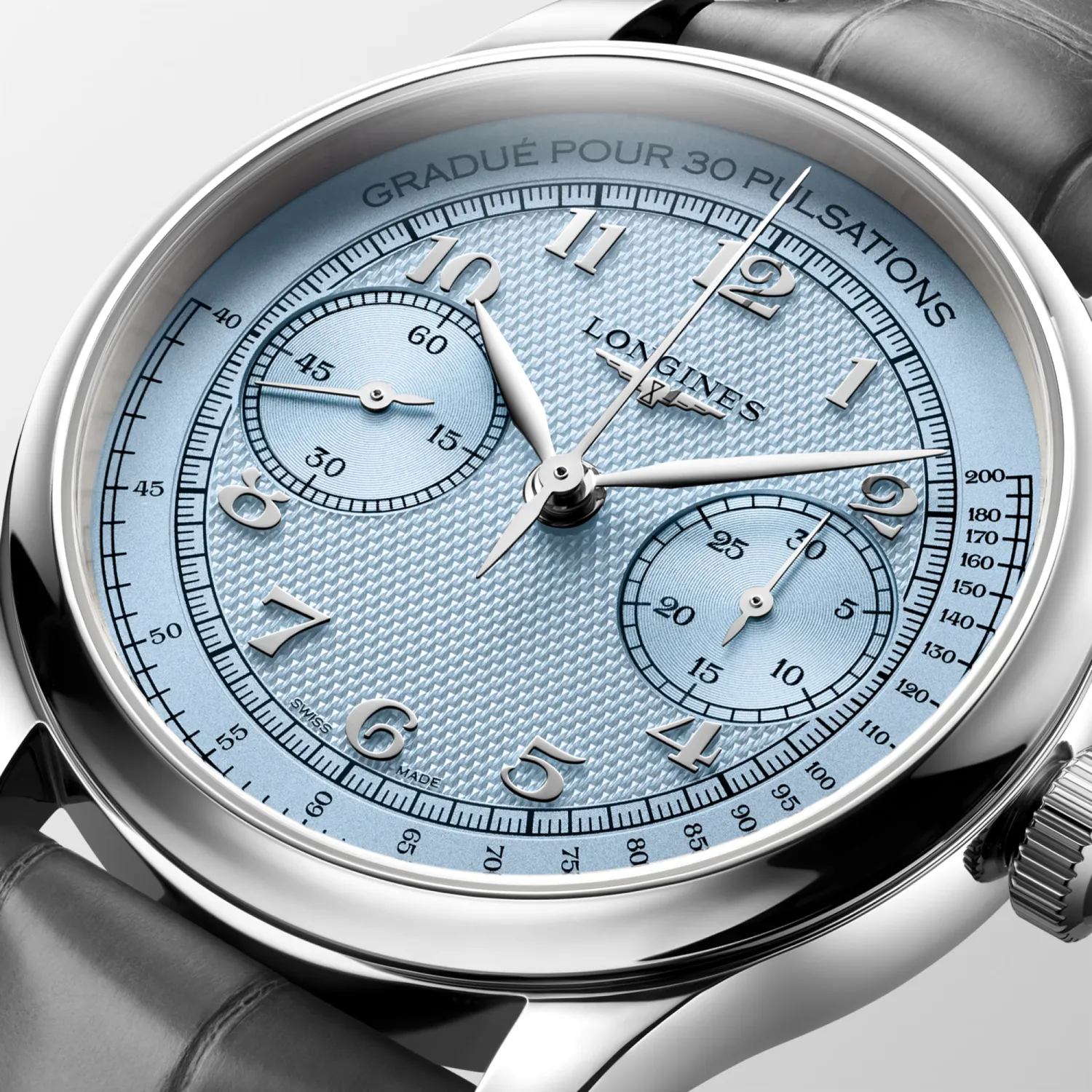 Montre LONGINES MASTER COLLECTION Chrono Monopusher Mécanique, Bracelet alligator anthracite, Boucle déployante, Cadran bleu givré grain d'orge