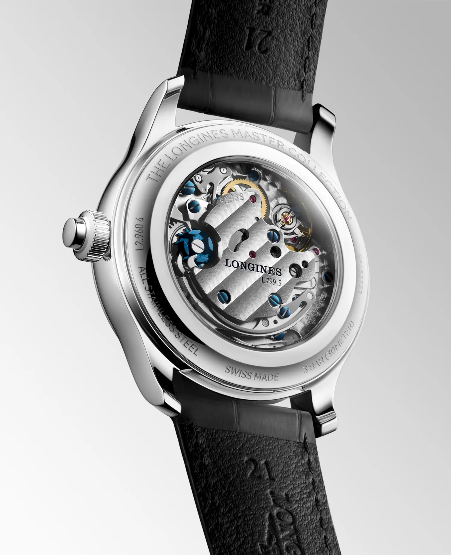 Montre LONGINES MASTER COLLECTION Chrono Monopusher Mécanique, Bracelet alligator anthracite, Boucle déployante, Cadran bleu givré grain d'orge