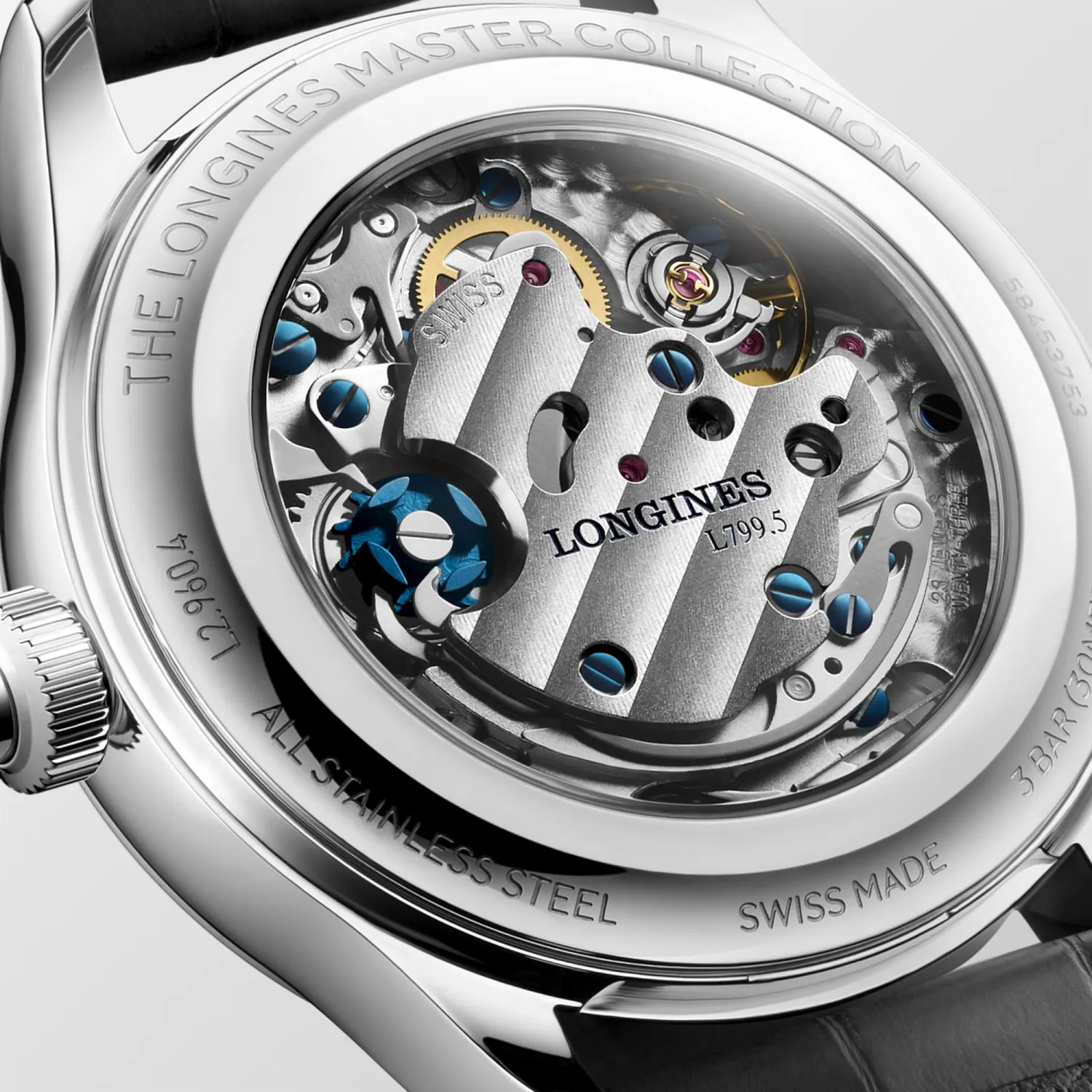 Montre LONGINES MASTER COLLECTION Chrono Monopusher Mécanique, Bracelet alligator anthracite, Boucle déployante, Cadran bleu givré grain d'orge