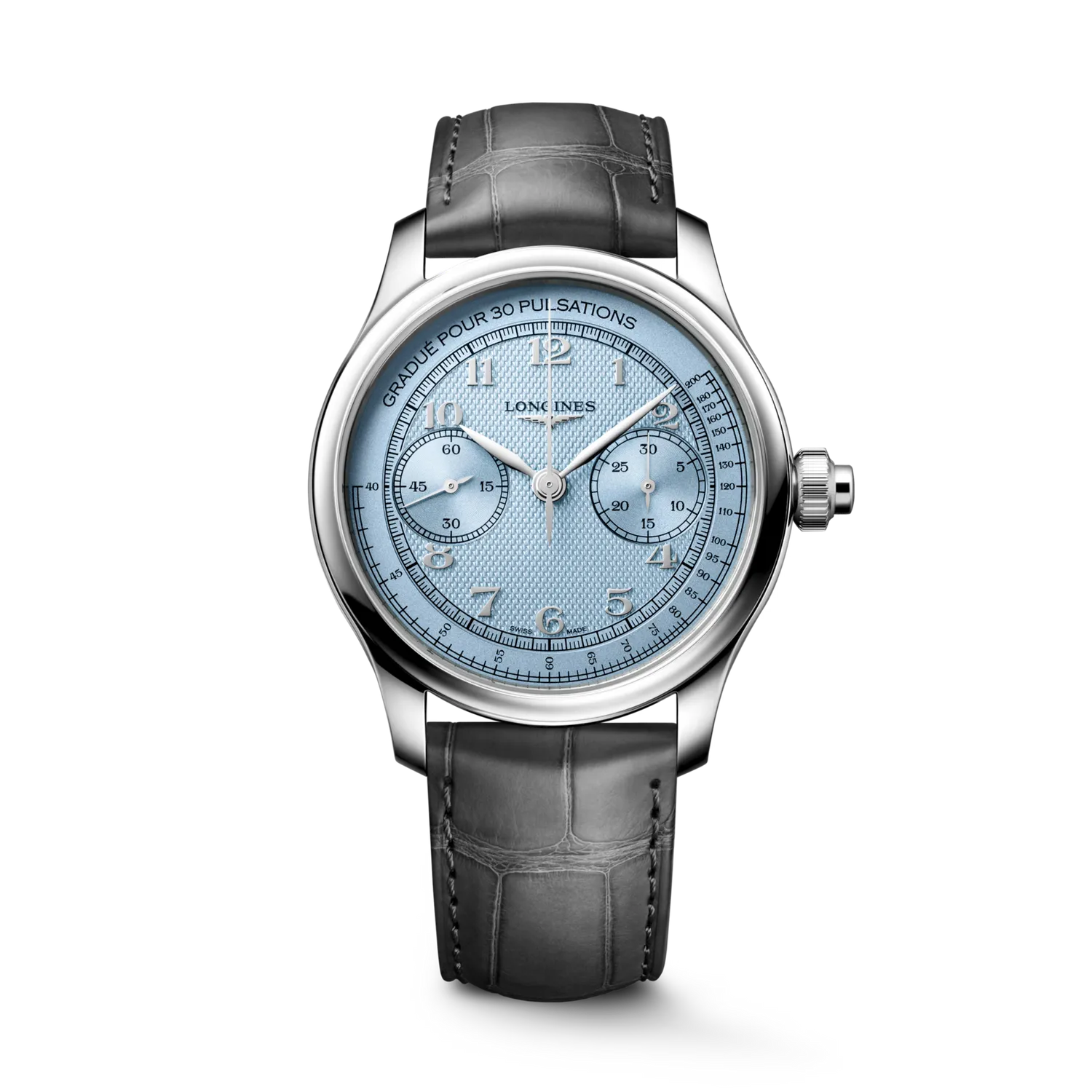 Montre LONGINES MASTER COLLECTION Chrono Monopusher Mécanique, Bracelet alligator anthracite, Boucle déployante, Cadran bleu givré grain d'orge