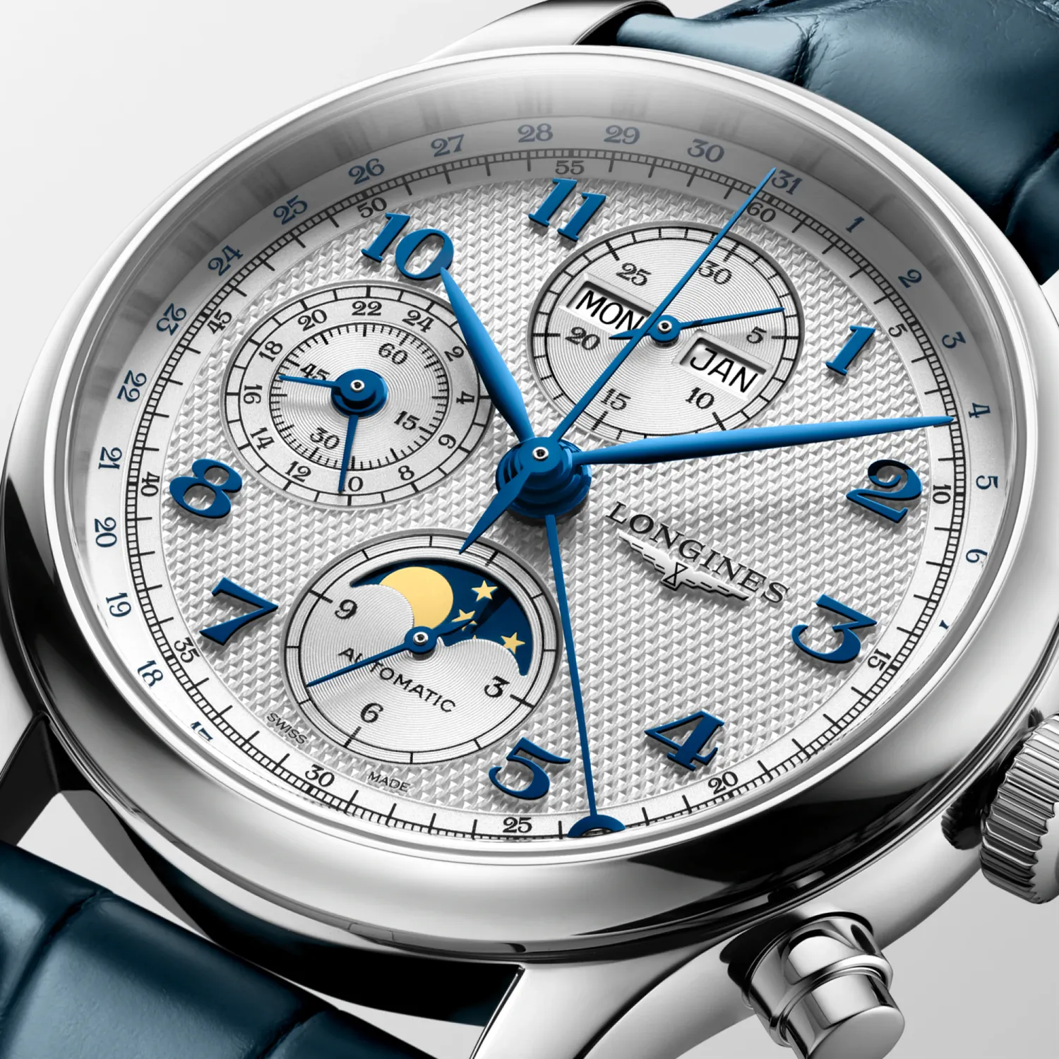 Montre LONGINES MASTER COLLECTION Chrono Moonphase, Bracelet alligator bleu, Boucle déployante, Cadran argenté "grain d'orge"