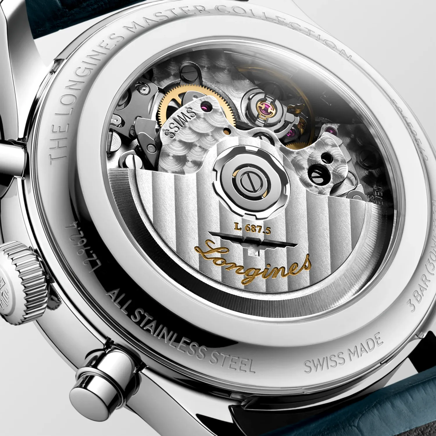 Montre LONGINES MASTER COLLECTION Chrono Moonphase, Bracelet alligator bleu, Boucle déployante, Cadran argenté "grain d'orge"