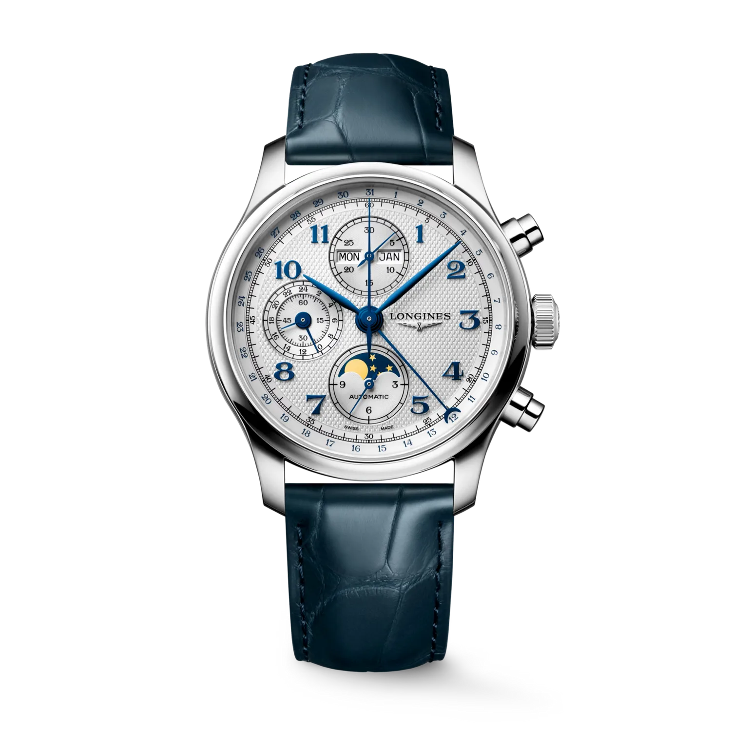 Montre LONGINES MASTER COLLECTION Chrono Moonphase, Bracelet alligator bleu, Boucle déployante, Cadran argenté "grain d'orge"