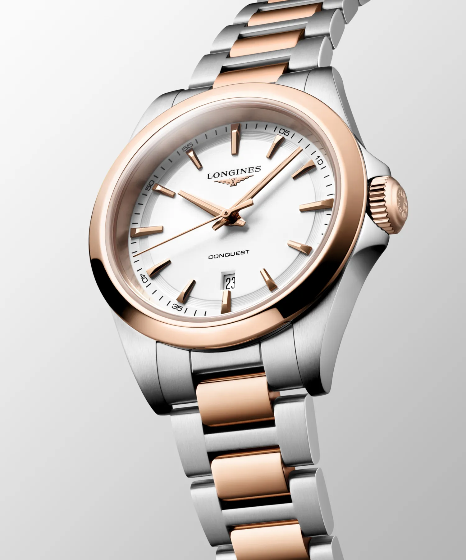 Montre CONQUEST acier et PVD rose, Bracelet acier et PVD rose, Cadran blanc sablé aiguilles roses