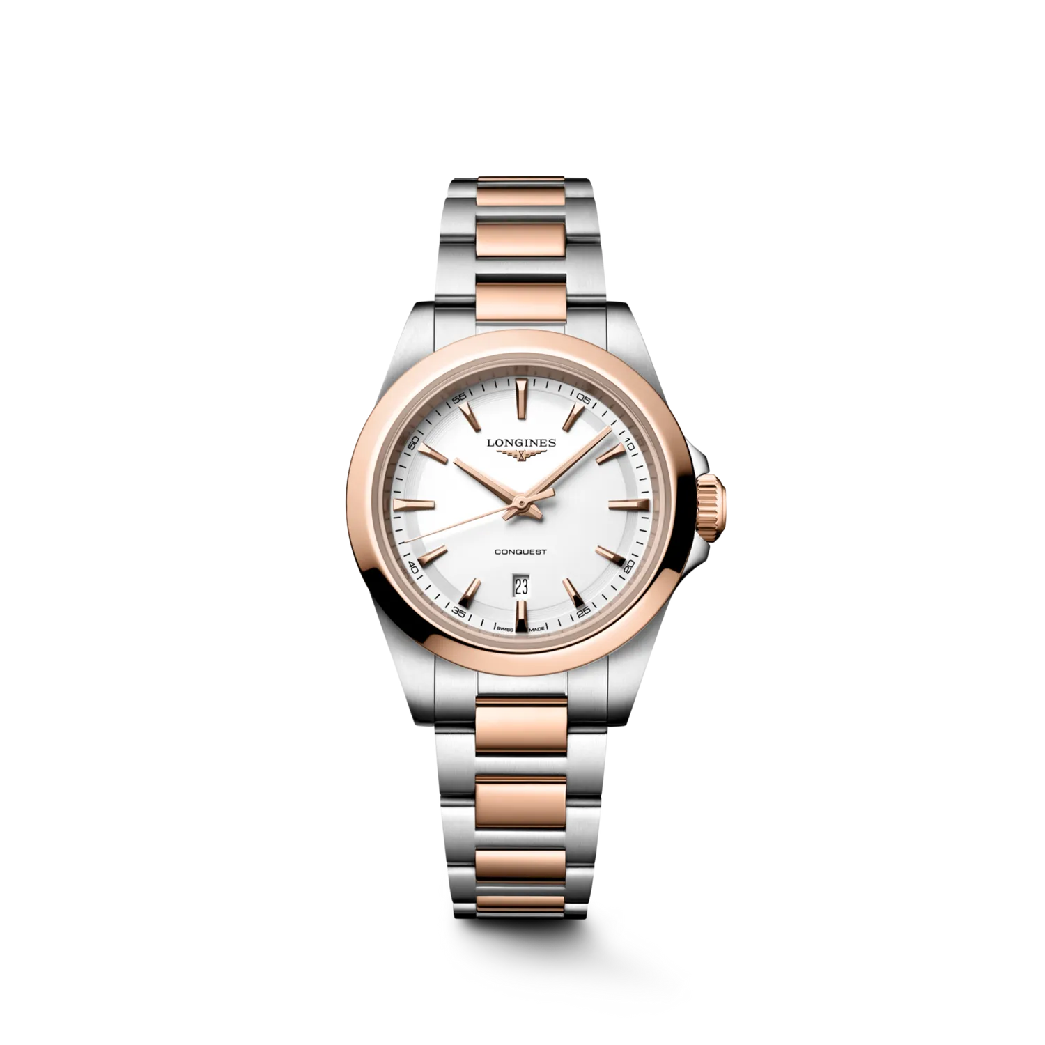 Montre CONQUEST acier et PVD rose, Bracelet acier et PVD rose, Cadran blanc sablé aiguilles roses