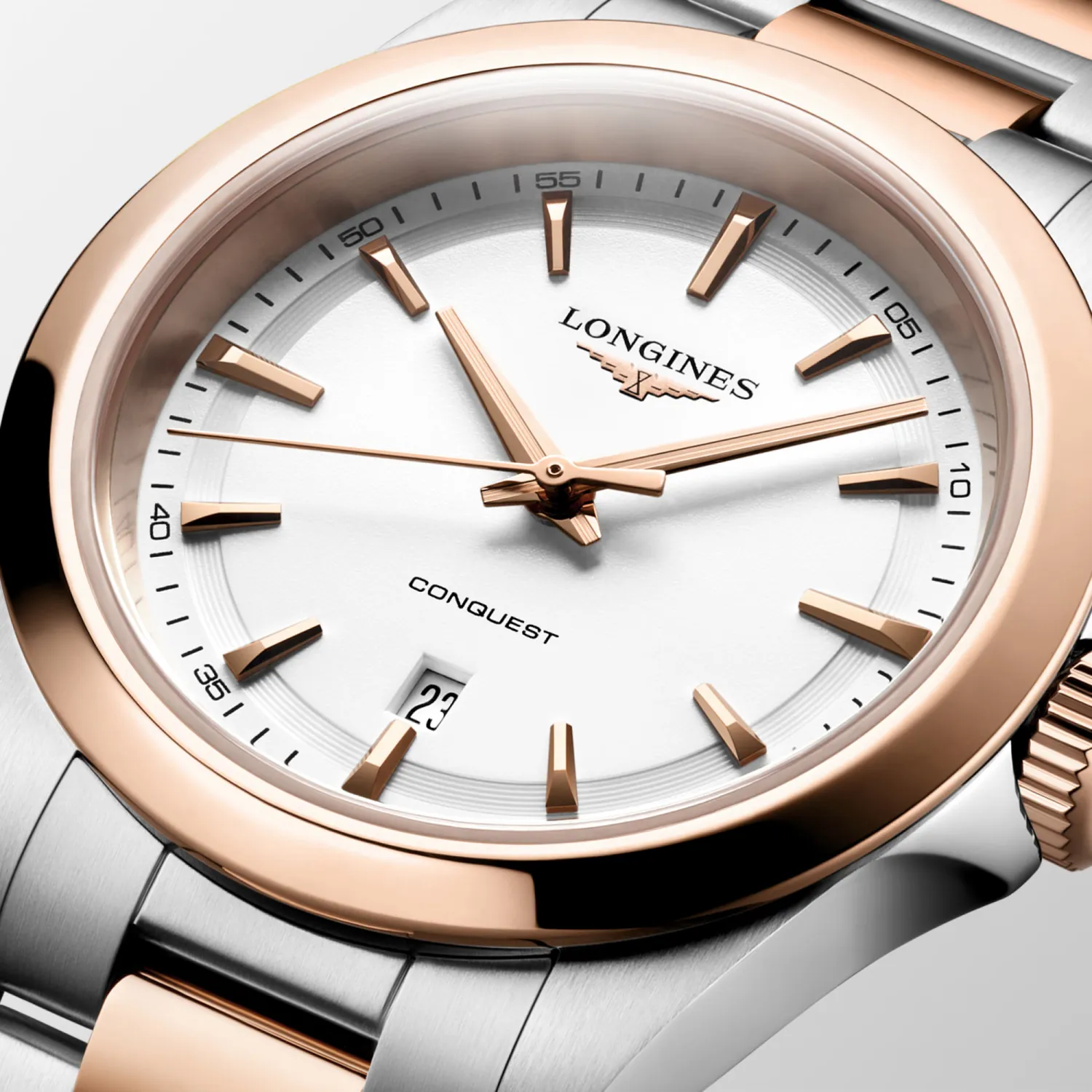 Montre CONQUEST acier et PVD rose, Bracelet acier et PVD rose, Cadran blanc sablé aiguilles roses