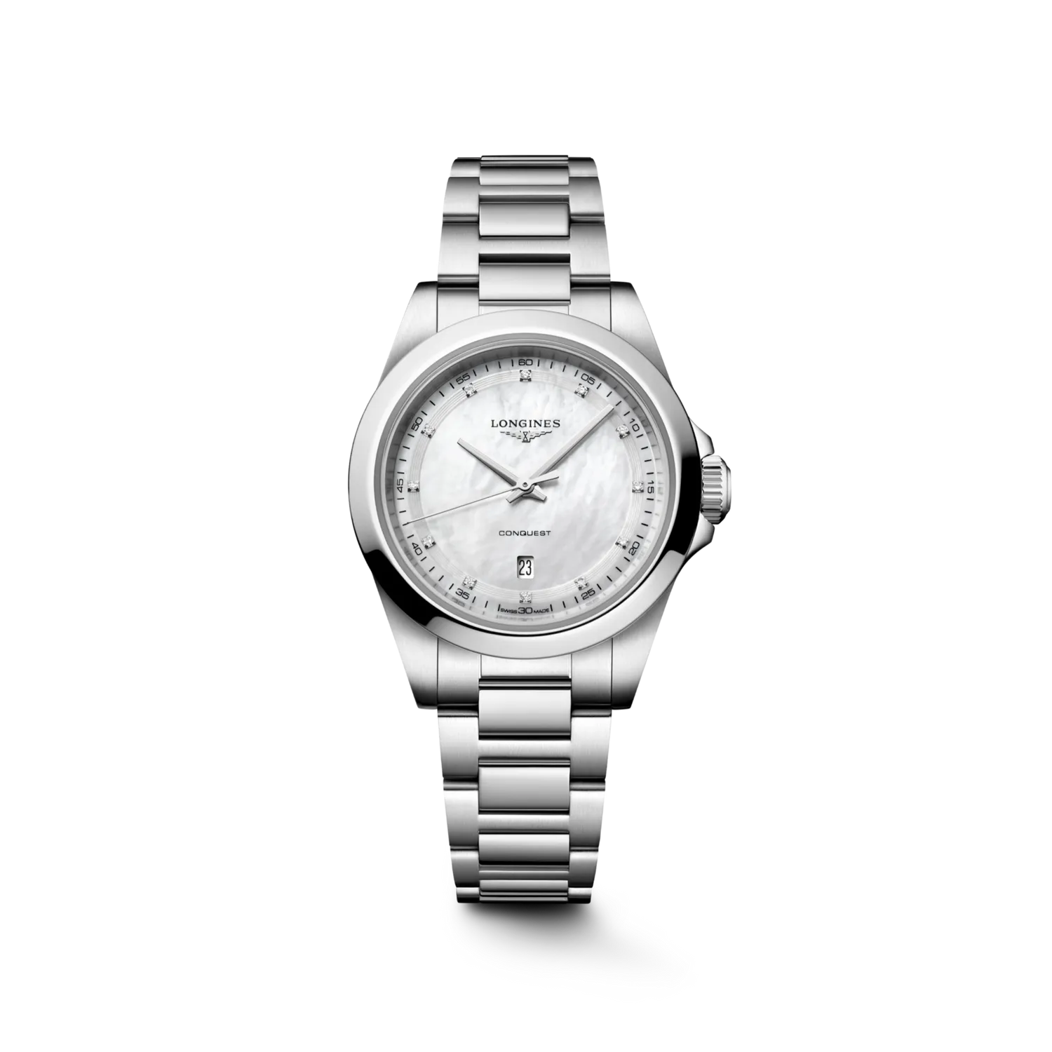 Montre CONQUEST Quartz, Bracelet acier, Cadran nacre blanche index diamants