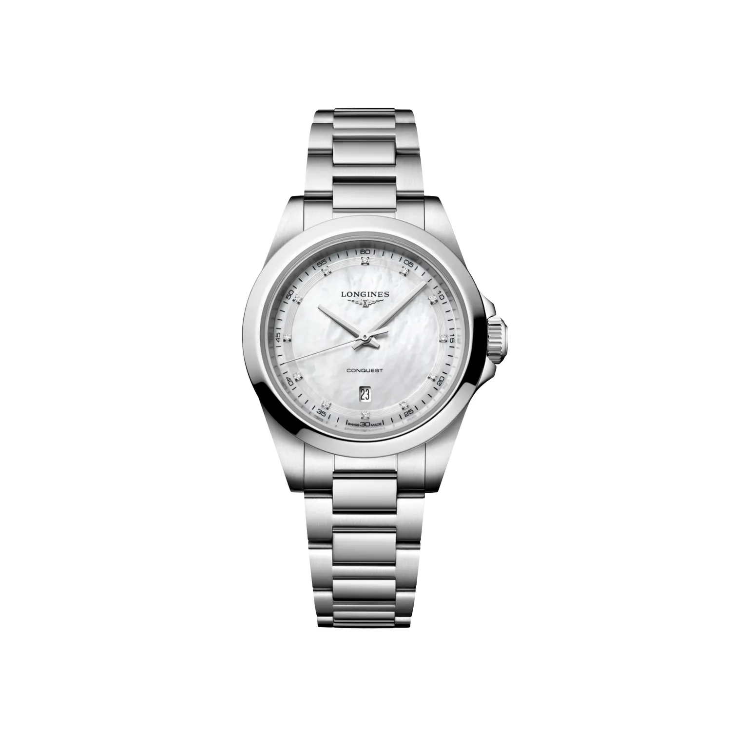 Montre CONQUEST Quartz, Bracelet acier, Cadran nacre blanche index diamants