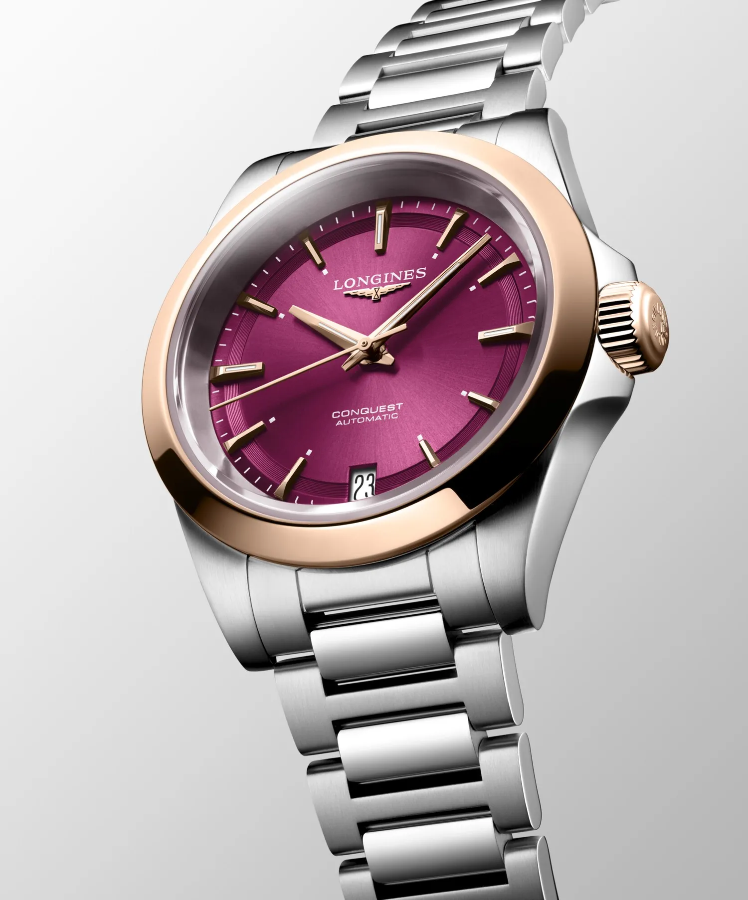 Montre CONQUEST lunette coiffée or rose, Bracelet acier, Cadran violet soleillé