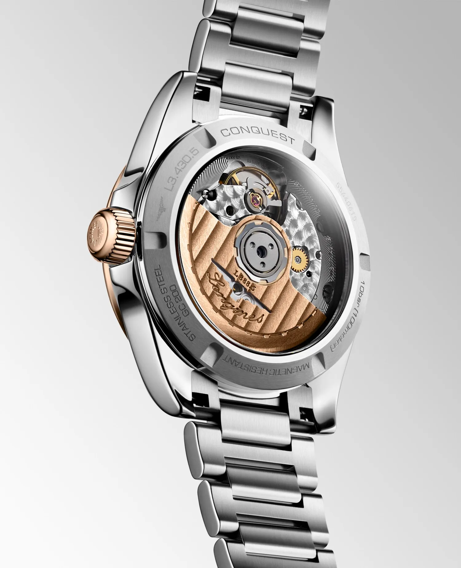 Montre CONQUEST lunette coiffée or rose, Bracelet acier, Cadran violet soleillé