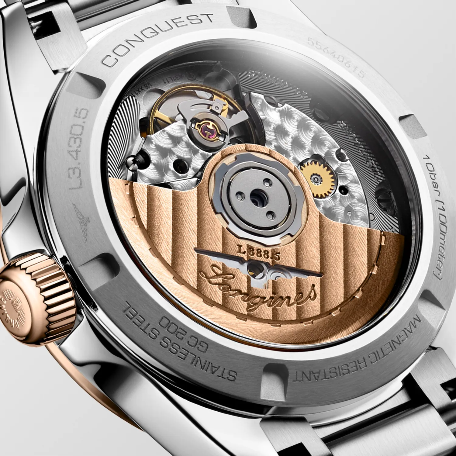 Montre CONQUEST lunette coiffée or rose, Bracelet acier, Cadran violet soleillé