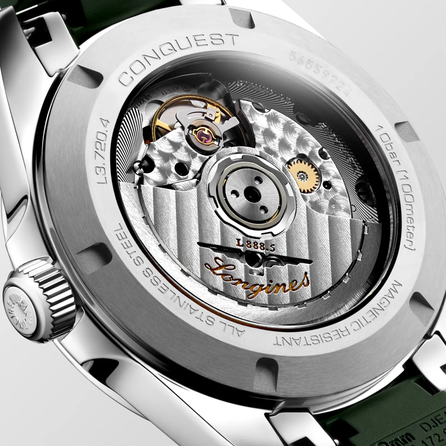 Montre CONQUEST, Bracelet caoutchouc vert, Boucle déployante, Cadran vert soleillé