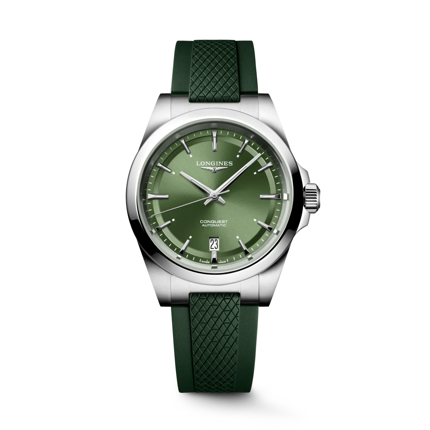 Montre CONQUEST, Bracelet caoutchouc vert, Boucle déployante, Cadran vert soleillé