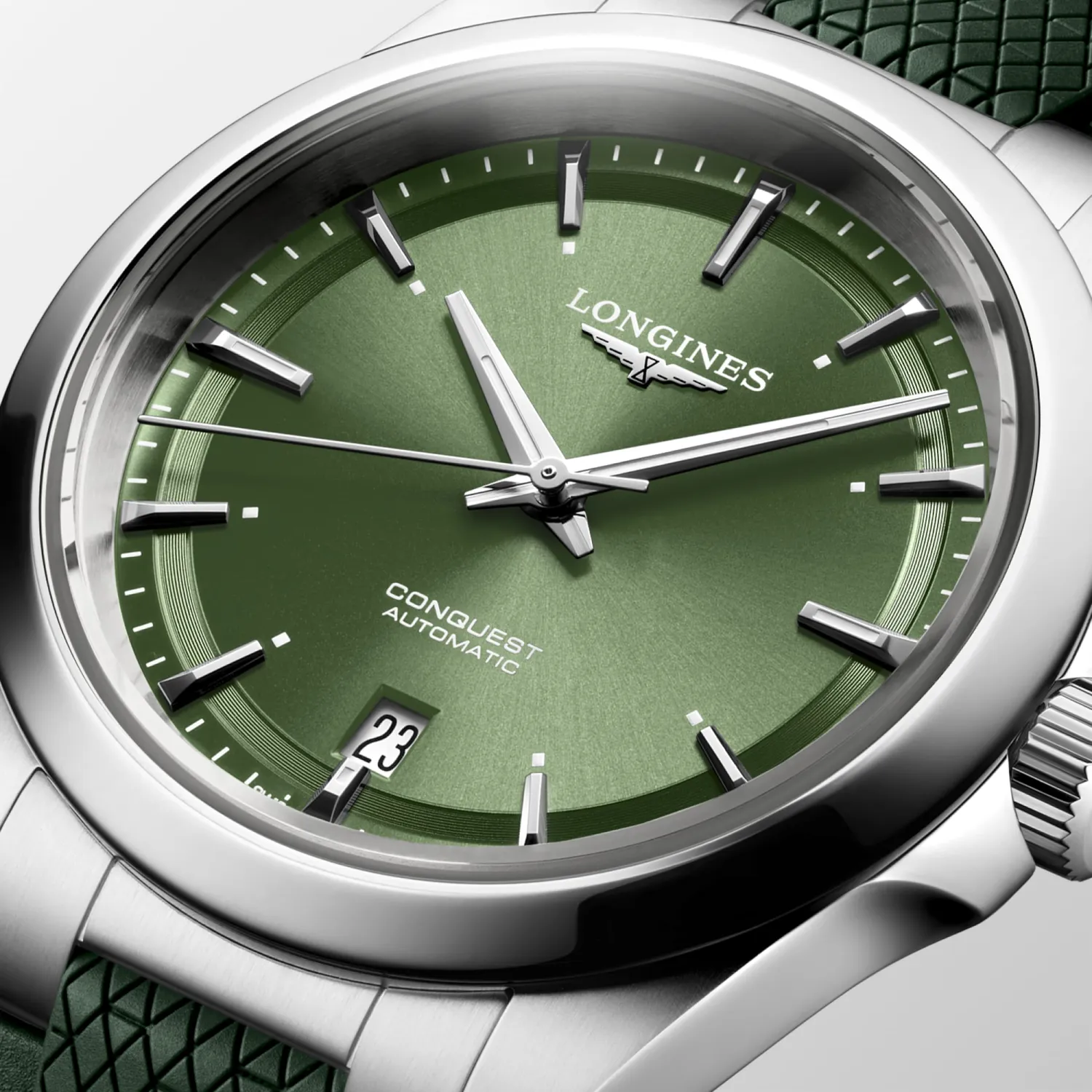 Montre CONQUEST, Bracelet caoutchouc vert, Boucle déployante, Cadran vert soleillé