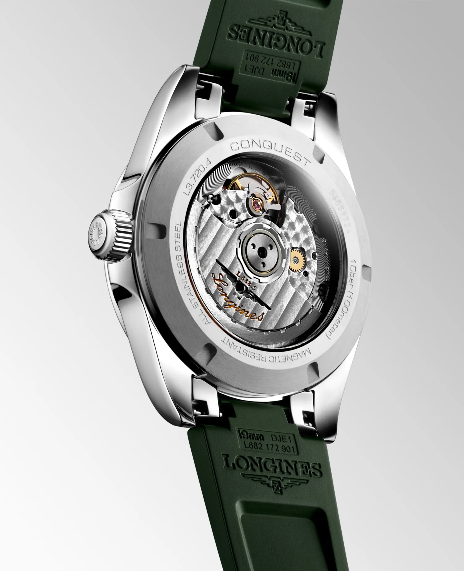 Montre CONQUEST, Bracelet caoutchouc vert, Boucle déployante, Cadran vert soleillé