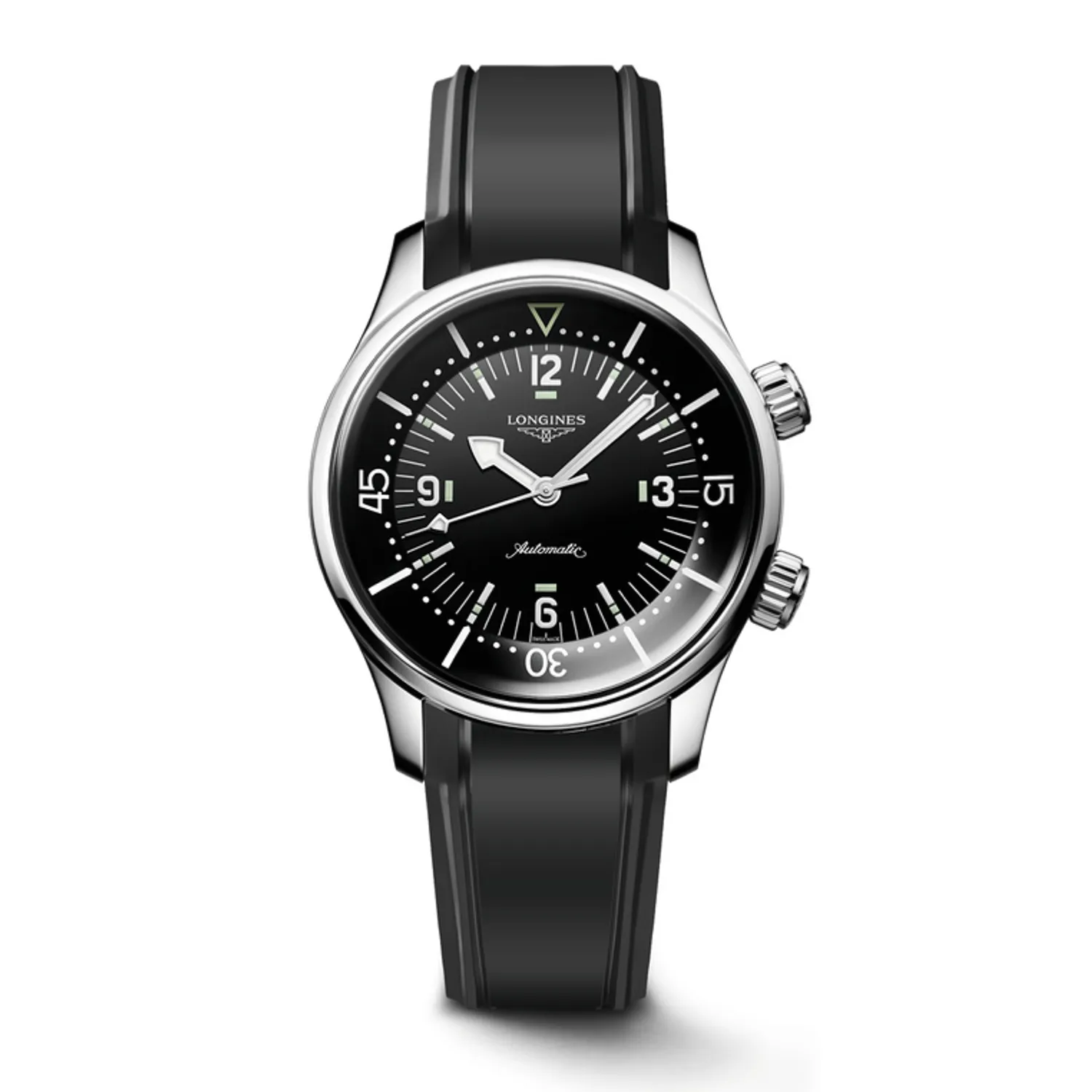 Montre LONGINES LEGEND DIVER, Bracelet caoutchouc noir, Boucle ardillon, Cadran noir laqué