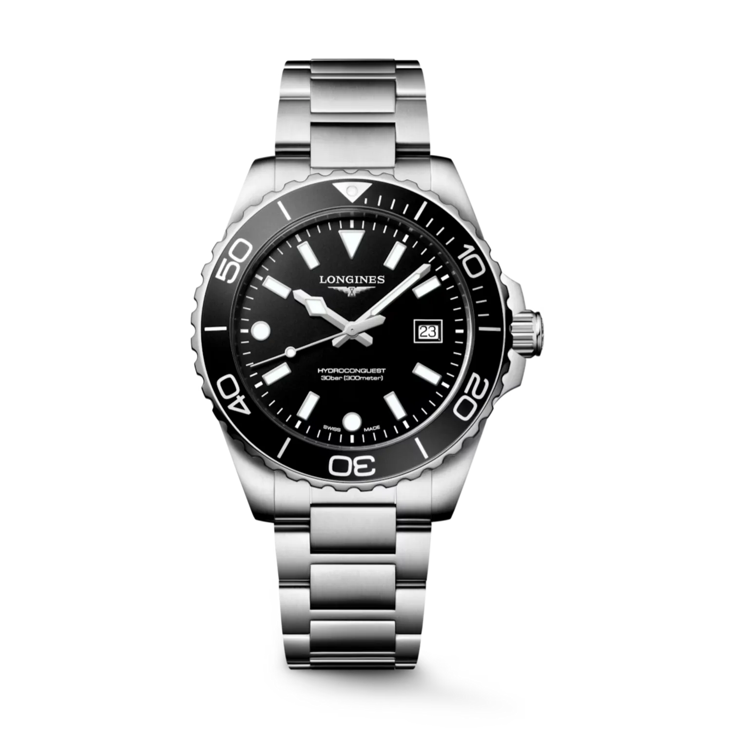 Montre HYDROCONQUEST Quartz lunette noire, Bracelet acier, cadran noir sablé