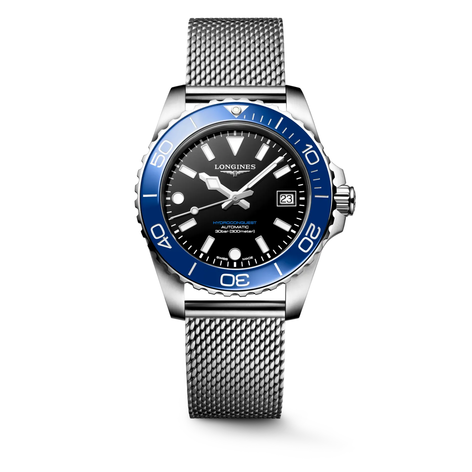 Montre HYDROCONQUEST lunette céramique bleue, Bracelet Milanais acier, Cadran noir laqué poli