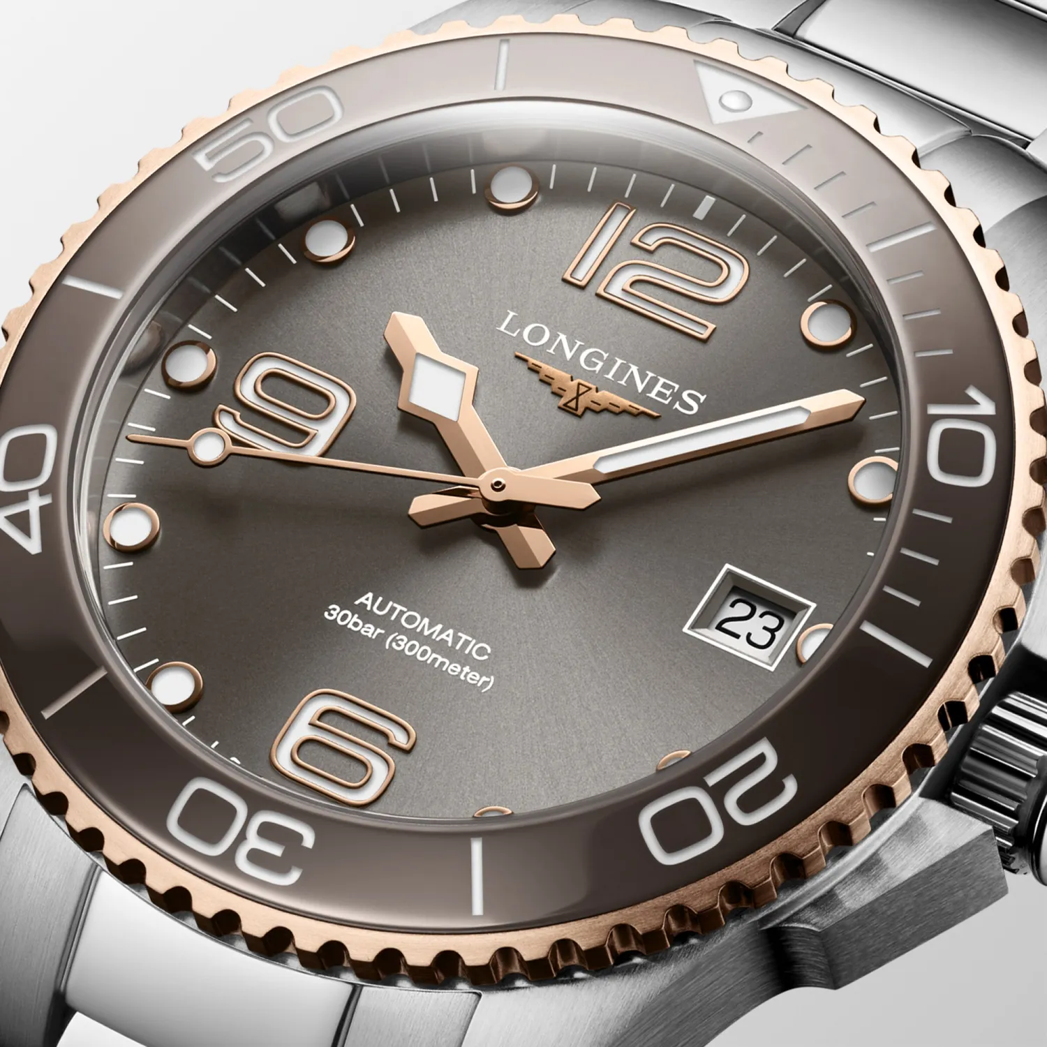 Montre HYDROCONQUEST lunette céramique PVD ros, Bracelet acier, Cadran gris soleillé