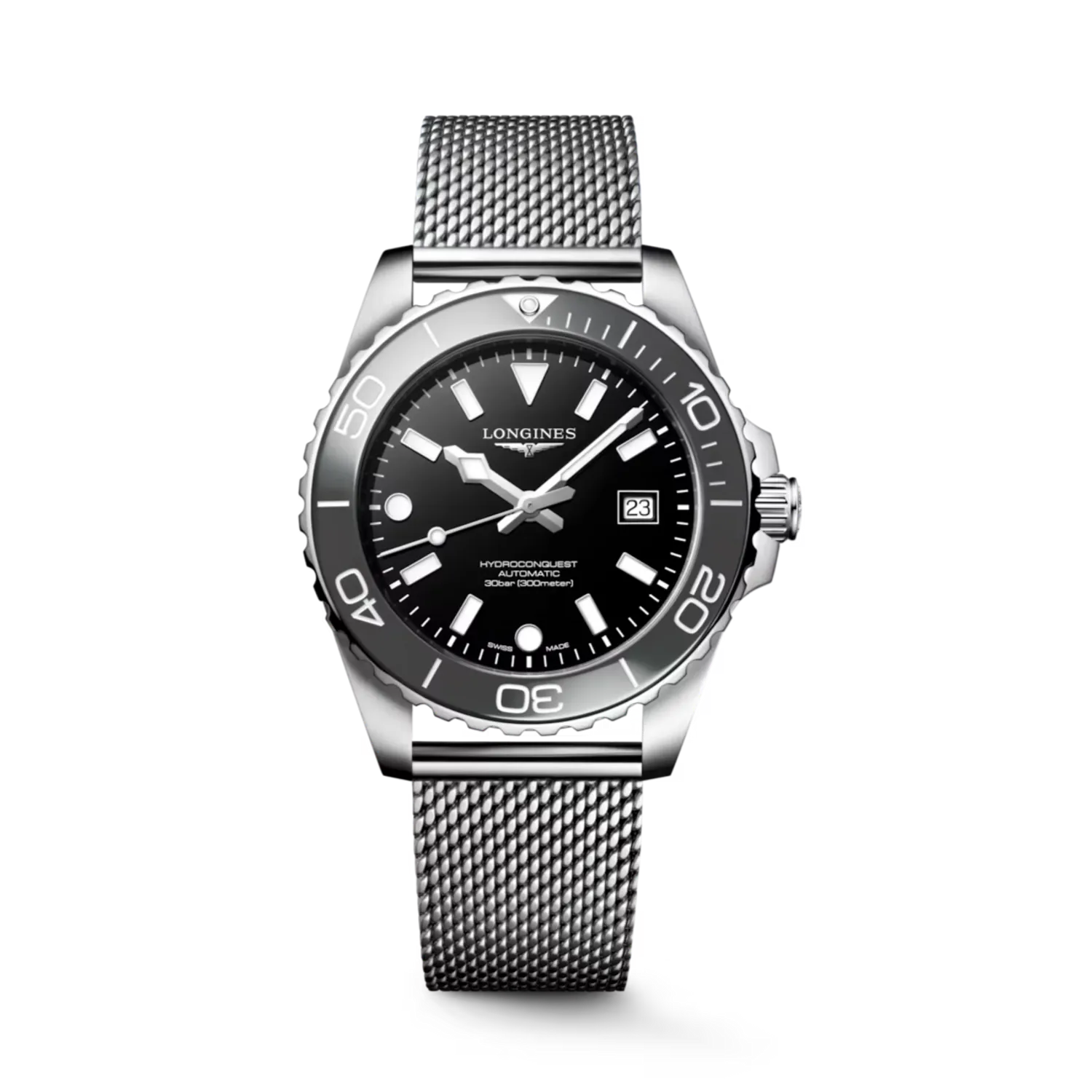 Montre HYDROCONQUEST lunette céramique grise, Bracelet Milanais acier, Cadran noir laqué poli